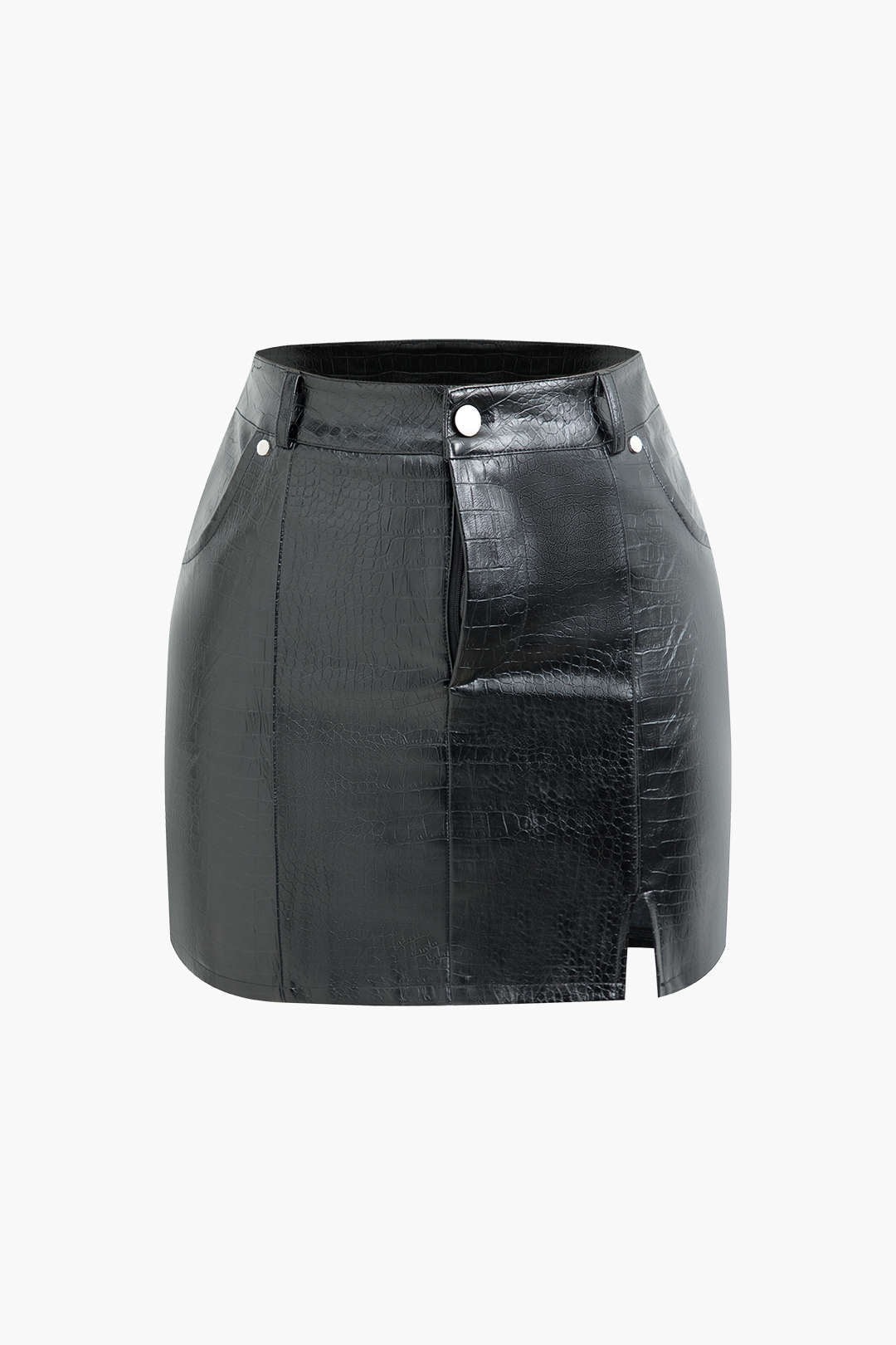 Croc-Effect Leather High Waist Split Mini Skirt for Y2K Aesthetic and Grunge Style