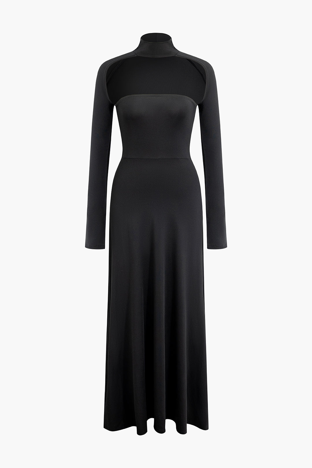 Cut Out Mock Neck Long Sleeve Pleated Maxi Dress - Y2K Aesthetic Fashion Statement