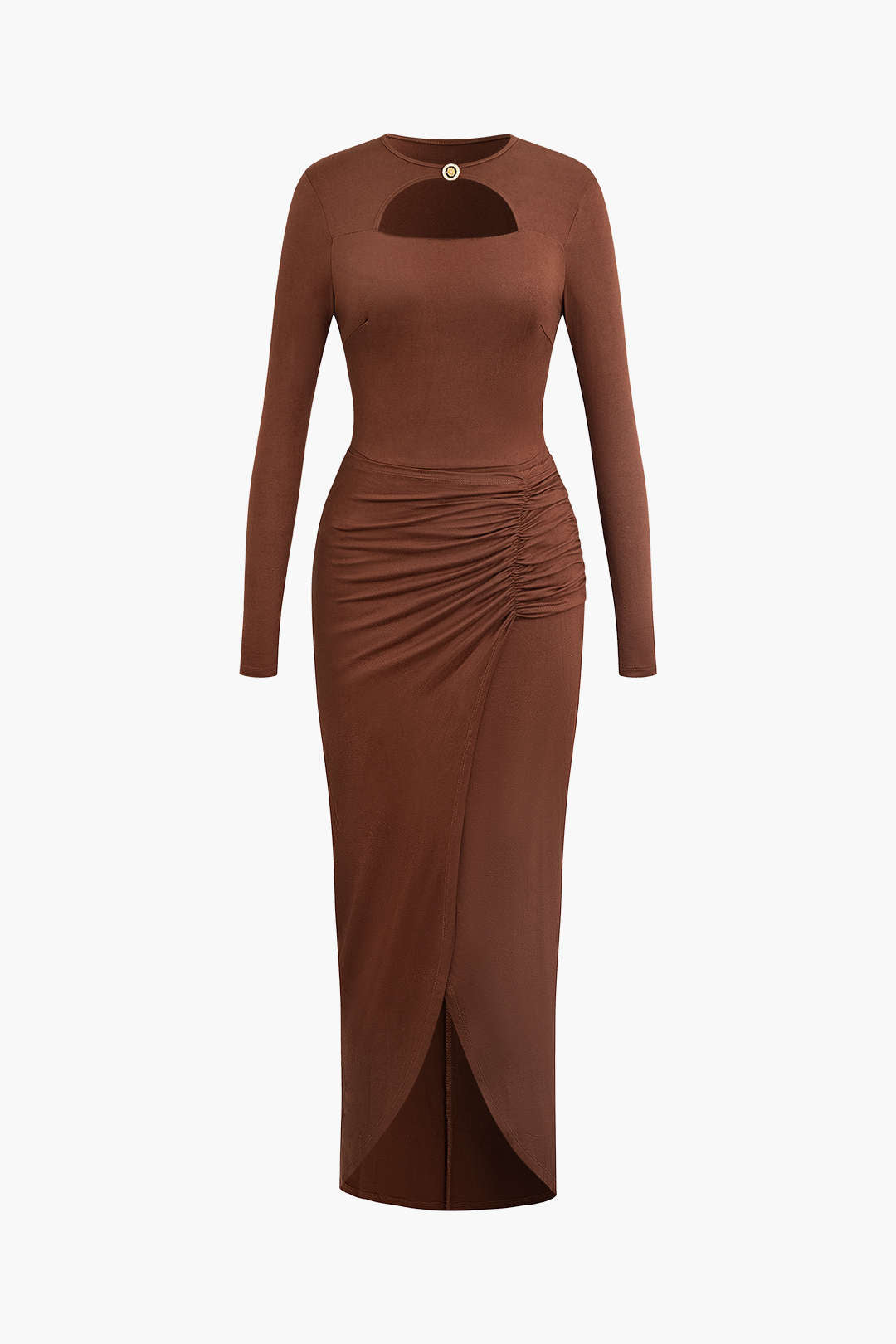 Cut Out Ruched Long Sleeve Wrap Slit Midi Dress - Y2K Aesthetic Fashion Statement Piece