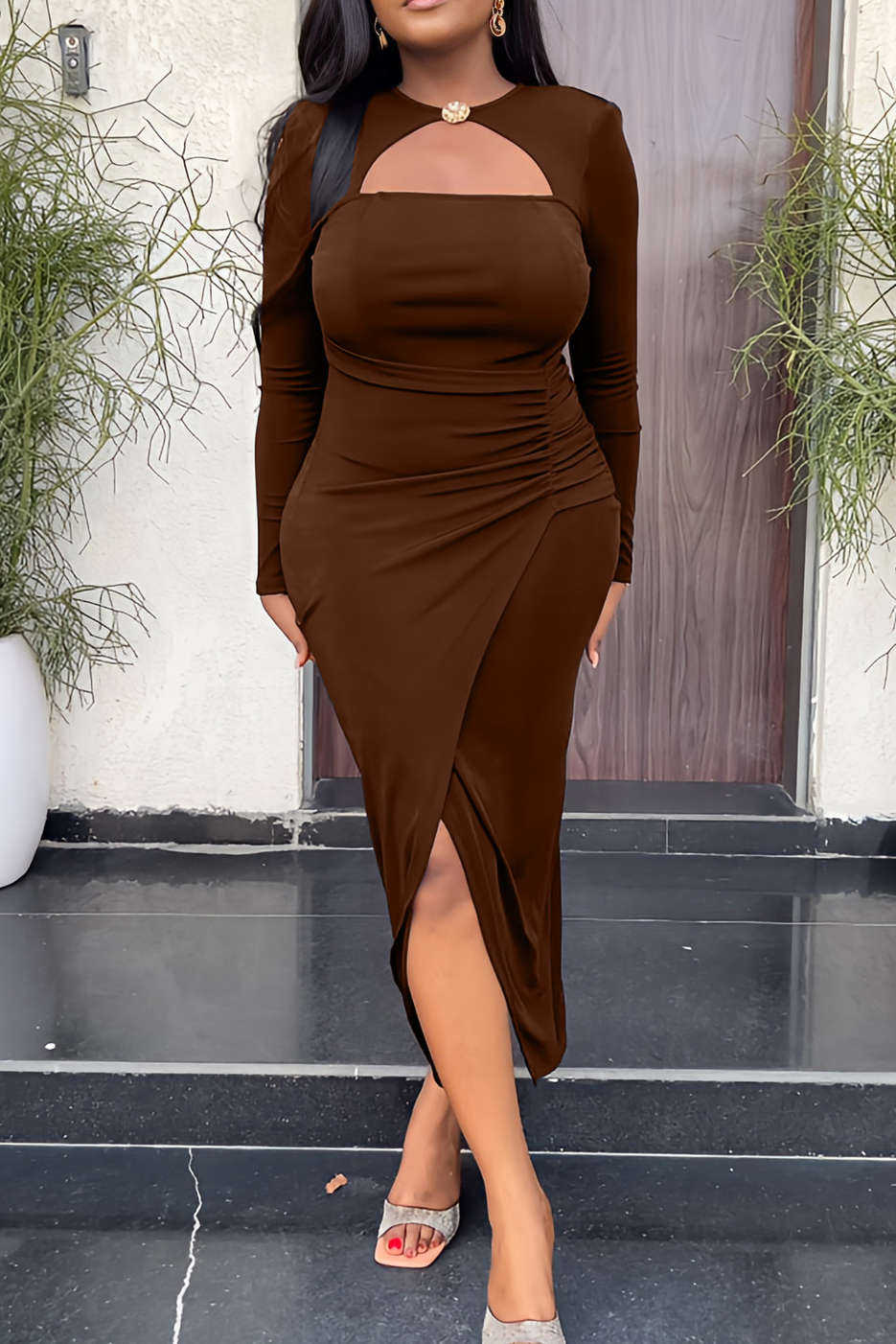 Cut Out Ruched Long Sleeve Wrap Slit Midi Dress - Y2K Aesthetic Fashion Statement Piece