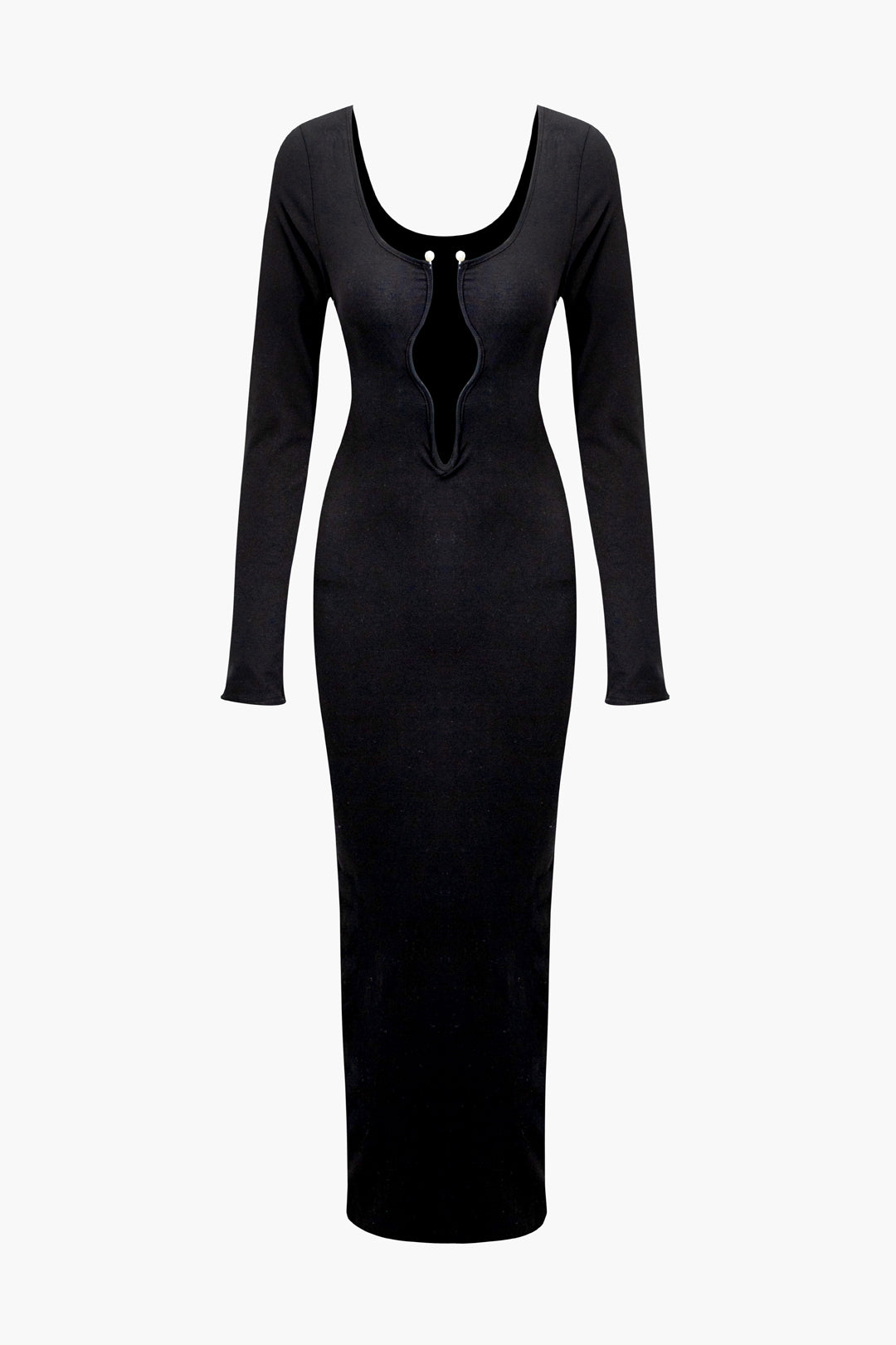 Deep V-Neck Pearl Detail Long Sleeve Maxi Dress - Elegant Y2K Aesthetic Evening Wear