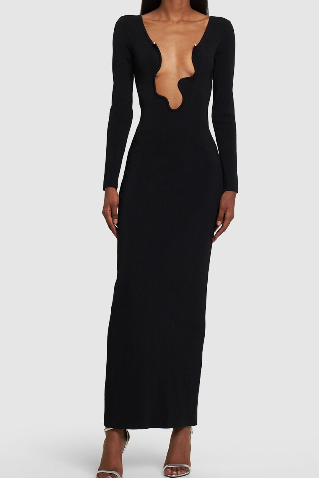 Deep V-Neck Pearl Detail Long Sleeve Maxi Dress - Elegant Y2K Aesthetic Evening Wear