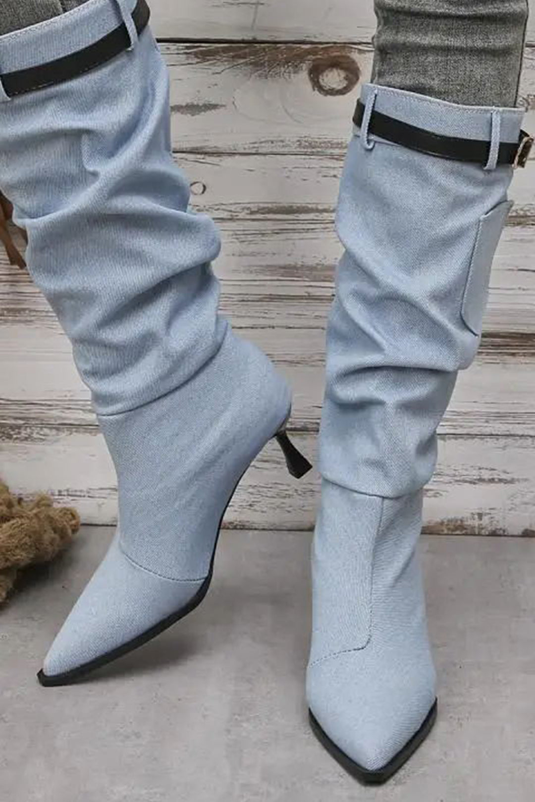 Denim Belt Detail Pointed-Toe Mid-Calf Boots for Y2K Fashion and Coquette Aesthetic