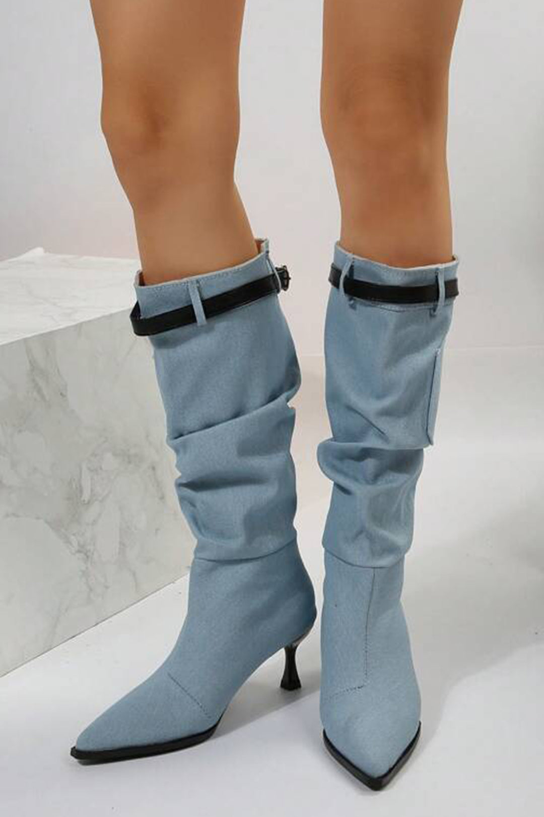 Denim Belt Detail Pointed-Toe Mid-Calf Boots for Y2K Fashion and Coquette Aesthetic