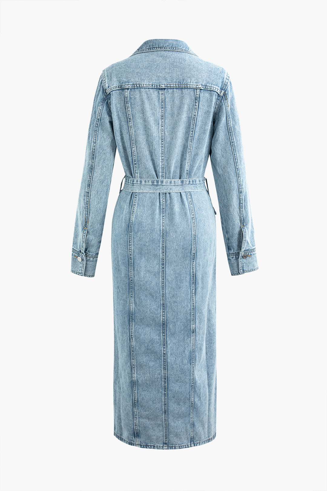 Denim Button-Up Slit Maxi Dress with Belt - Y2K Aesthetic Long Sleeve Style