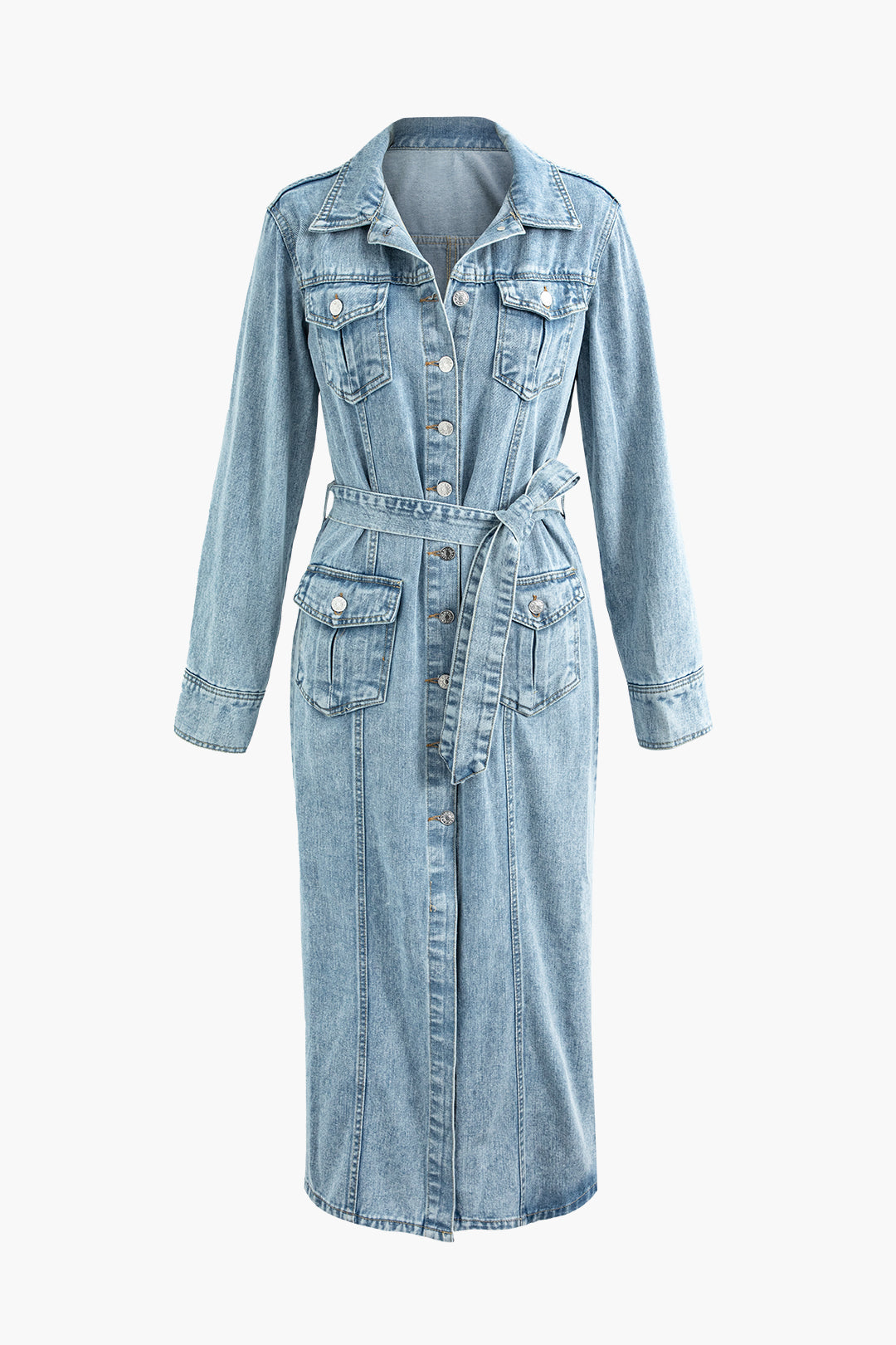 Denim Button-Up Slit Maxi Dress with Belt - Y2K Aesthetic Long Sleeve Style