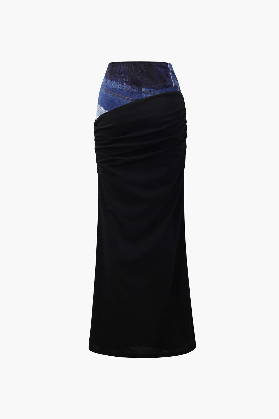 Denim-Like Print Maxi Skirt with Jersey Panels for Y2K Aesthetic Outfits