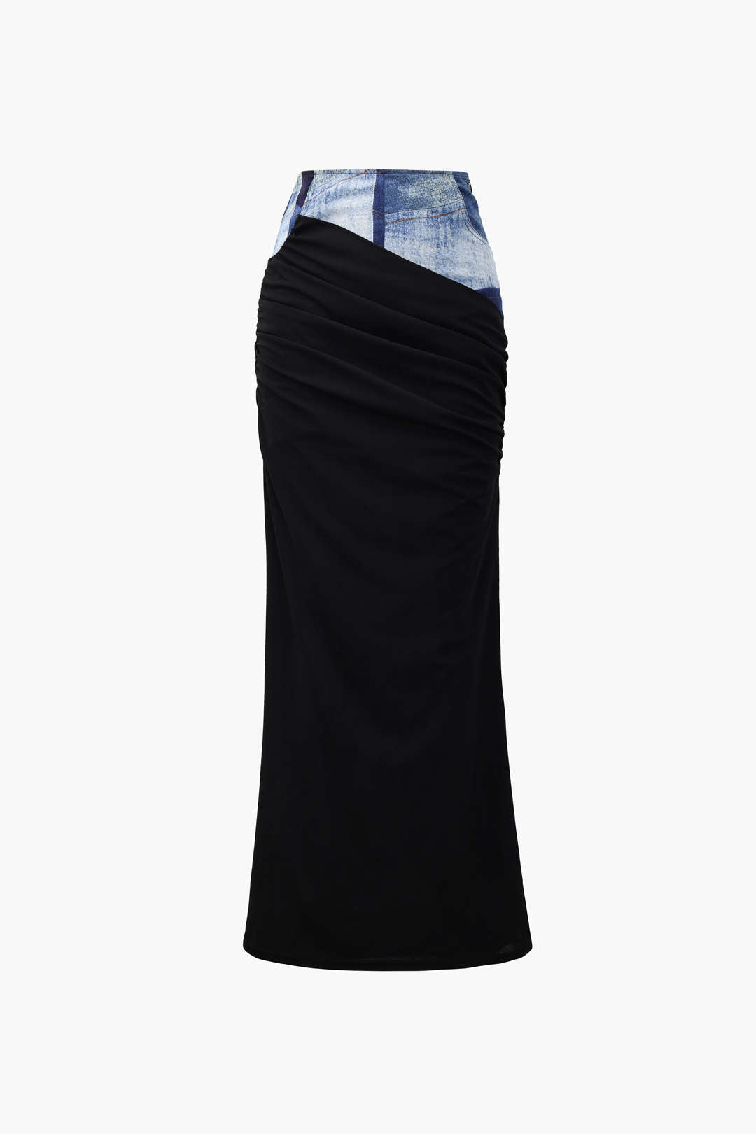 Denim-Like Print Maxi Skirt with Jersey Panels for Y2K Aesthetic Outfits