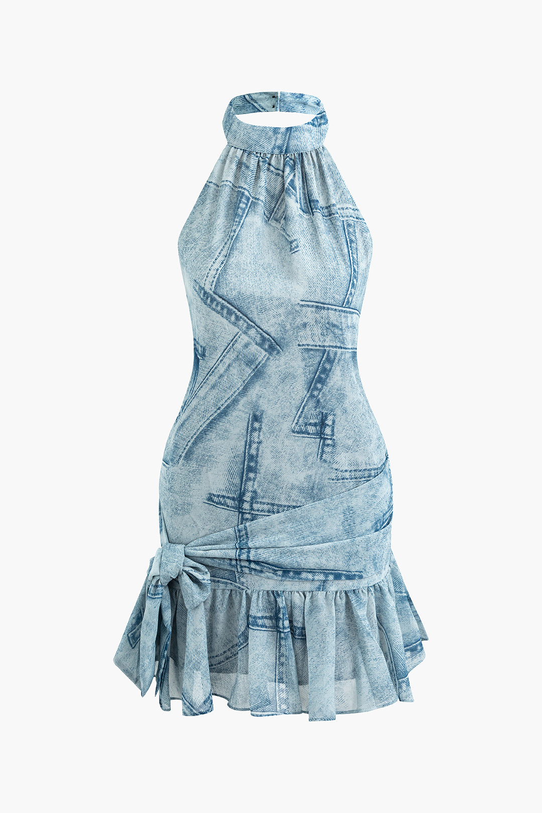 Denim Pattern Halter Knot Pleated Mini Dress - Y2K Aesthetic Cute Summer Outfit