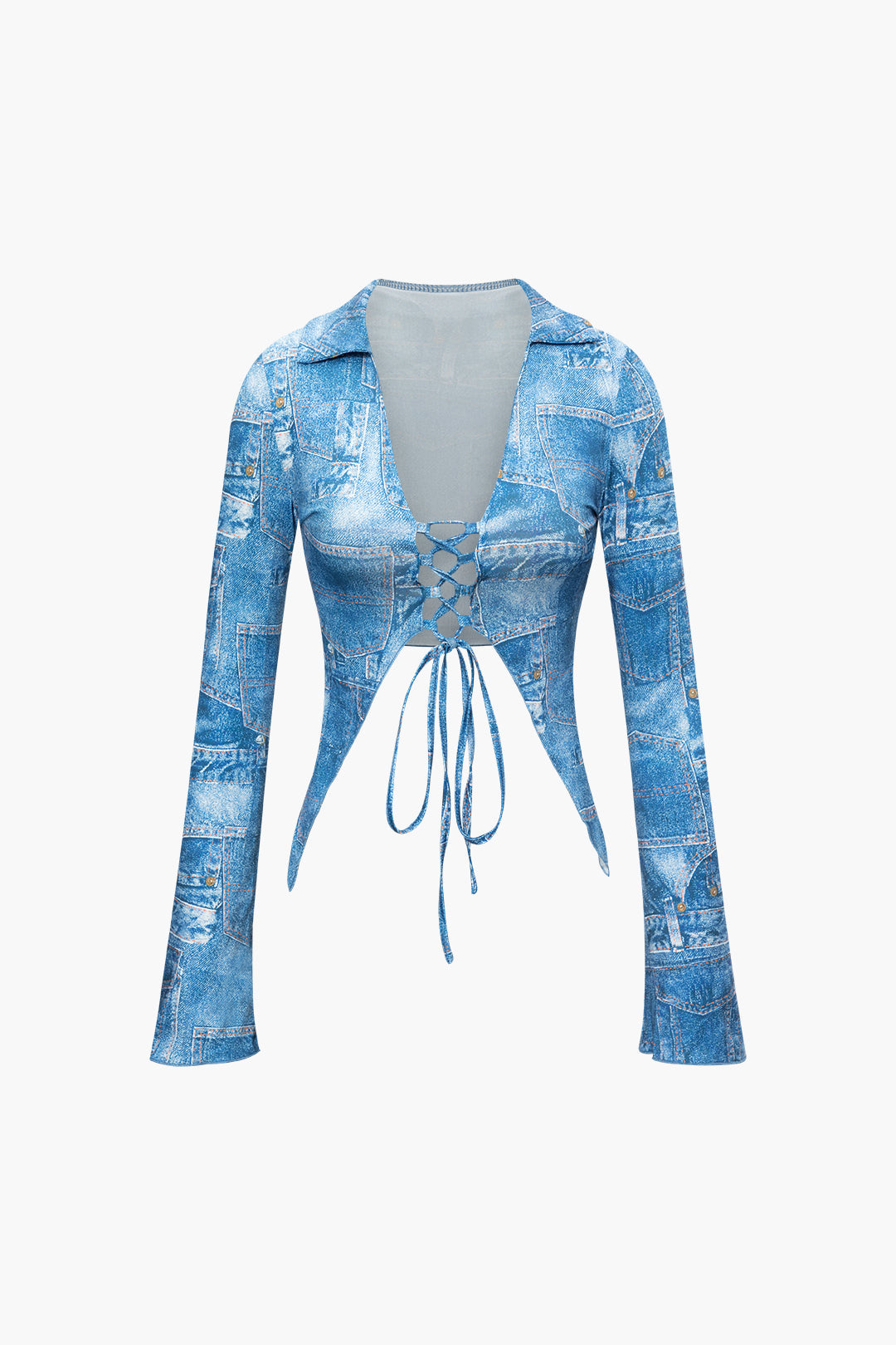 Denim Pattern Print V-Neck Tie Front Long Sleeve Top - Y2K Aesthetic Cute Top for Stylish Outfits