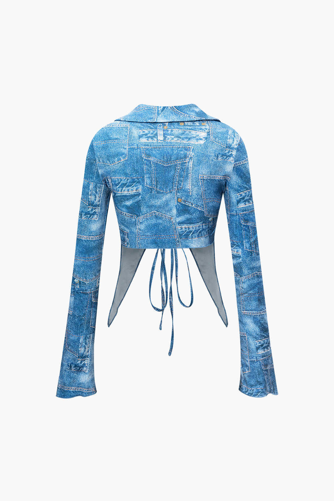 Denim Pattern Print V-Neck Tie Front Long Sleeve Top - Y2K Aesthetic Cute Top for Stylish Outfits