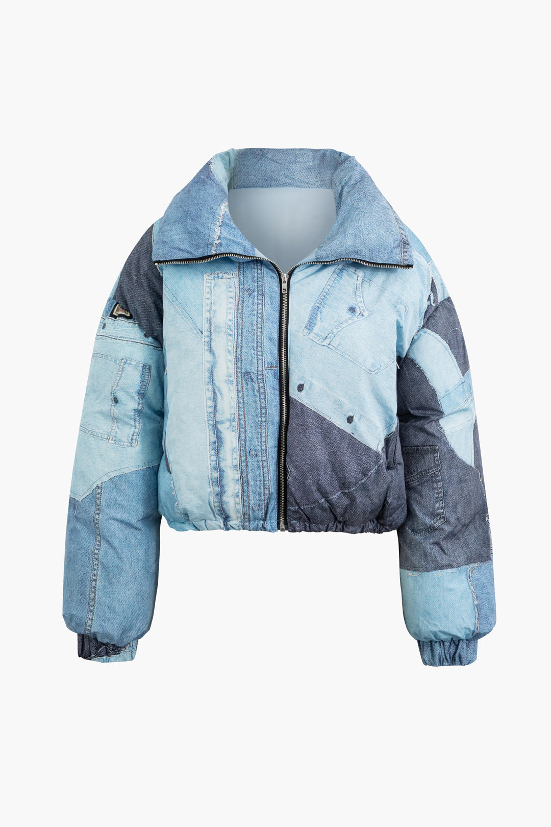 Denim Print High Neck Puffer Coat - Y2K Aesthetic Outerwear for Trendy Outfits