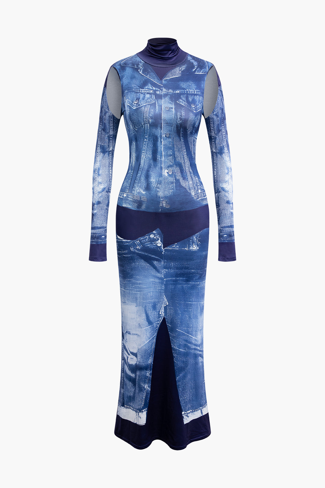 Denim Print Mock Neck Cut-Out Long Sleeve Maxi Dress for Y2K Aesthetic Fashion Lovers