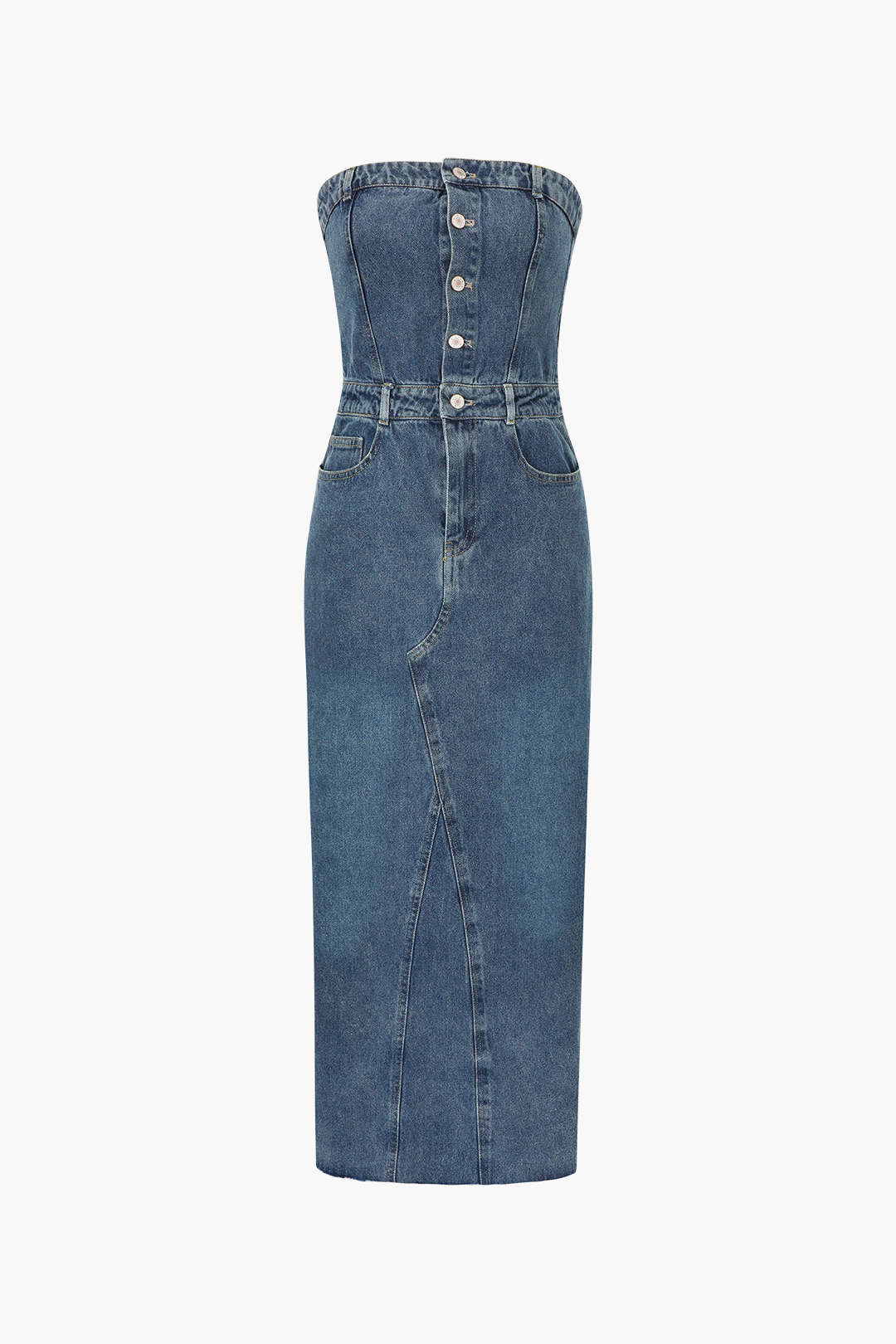 Denim Strapless Midi Dress with Back Slit - Y2K Aesthetic Fashion Essential