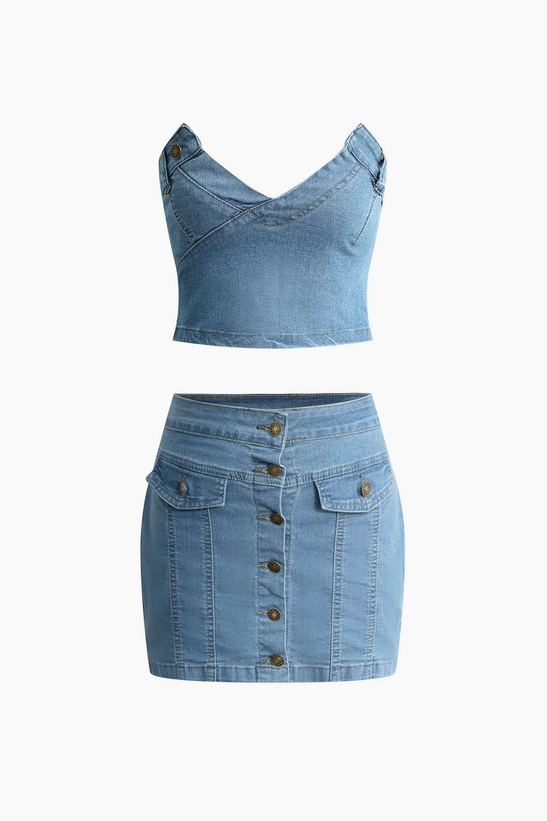 Denim V-Neck Strapless Top with Button-Up Mini Skirt Set for Y2K Aesthetic Outfits