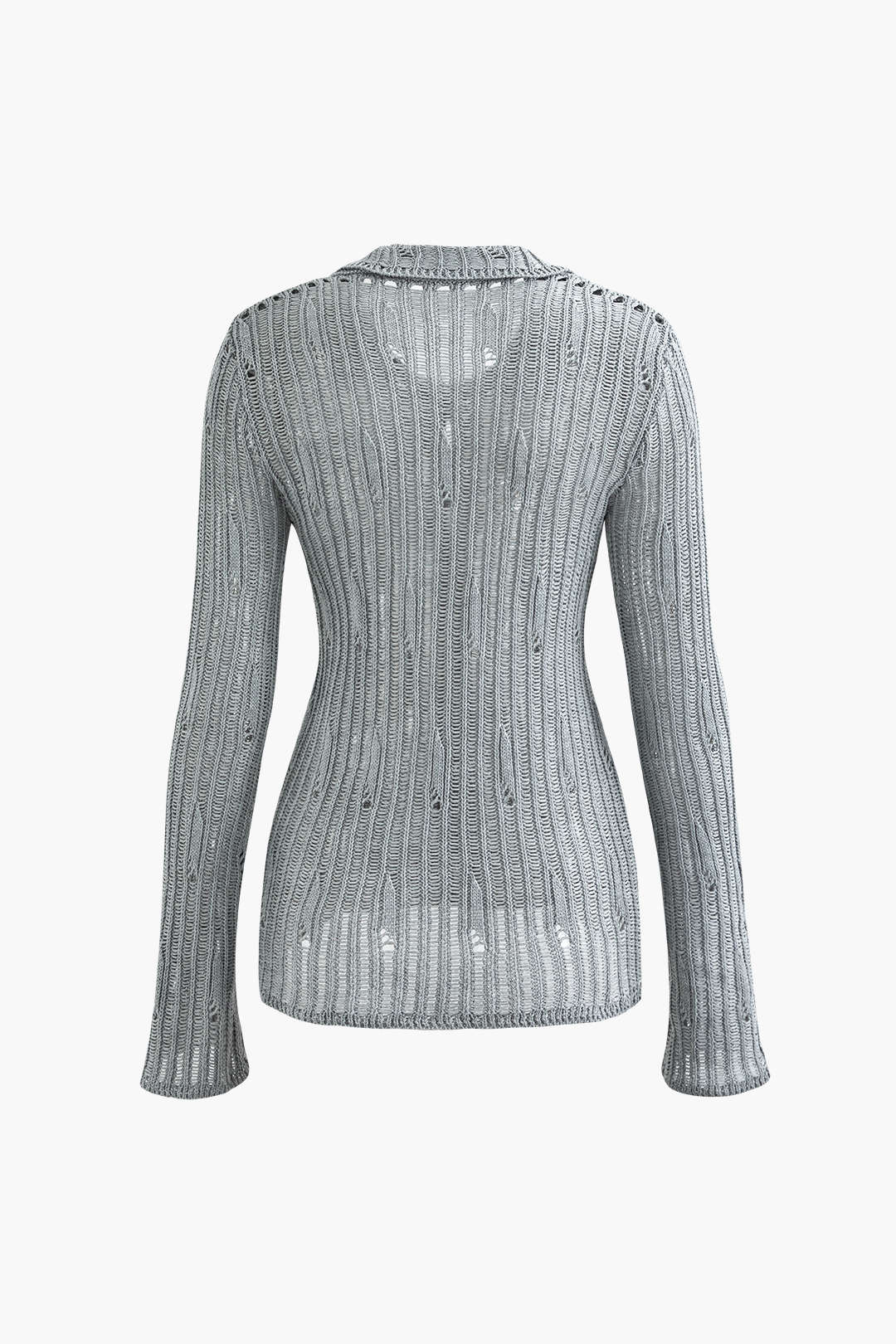 Distressed Collared Long Sleeve Knit Top for Y2K Aesthetic and Grunge Style Outfits