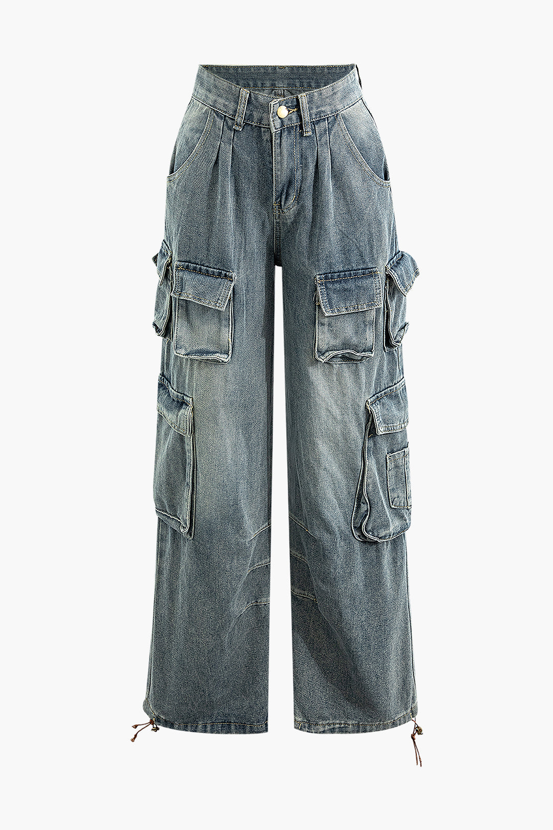 Distressed Faded Wide Leg Cargo Jeans with Flap Pockets for Y2K Aesthetic Outfits