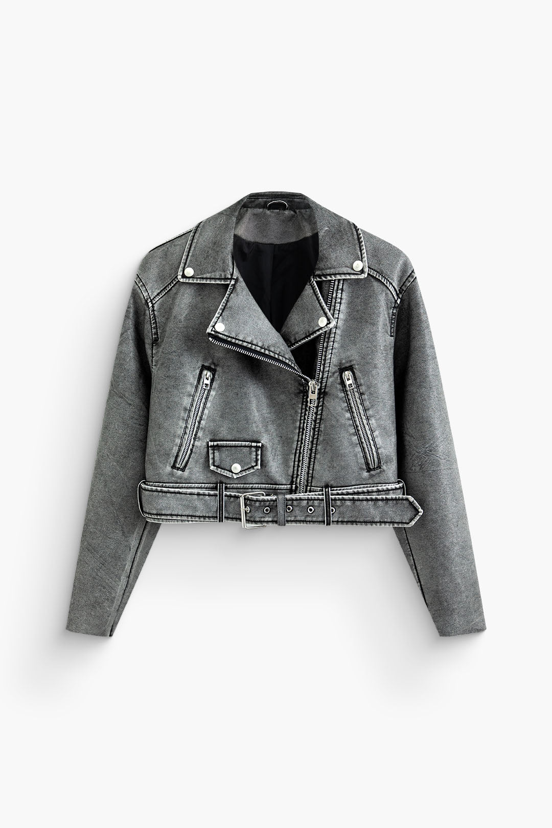 Distressed Faux Leather Zipper Belted Jacket for Y2K Fashion and Grunge Aesthetic Styles