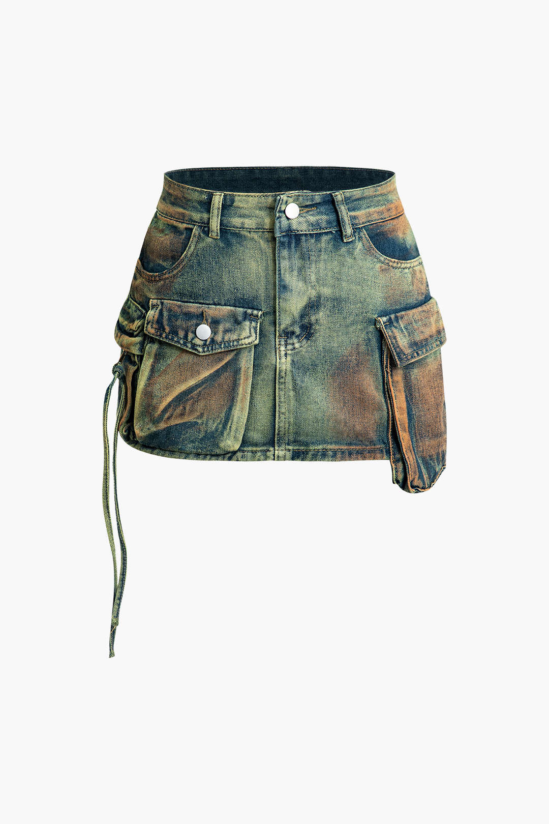 Distressed Flap Pocket Denim Mini Skirt - Y2K Aesthetic Grunge Style Essential