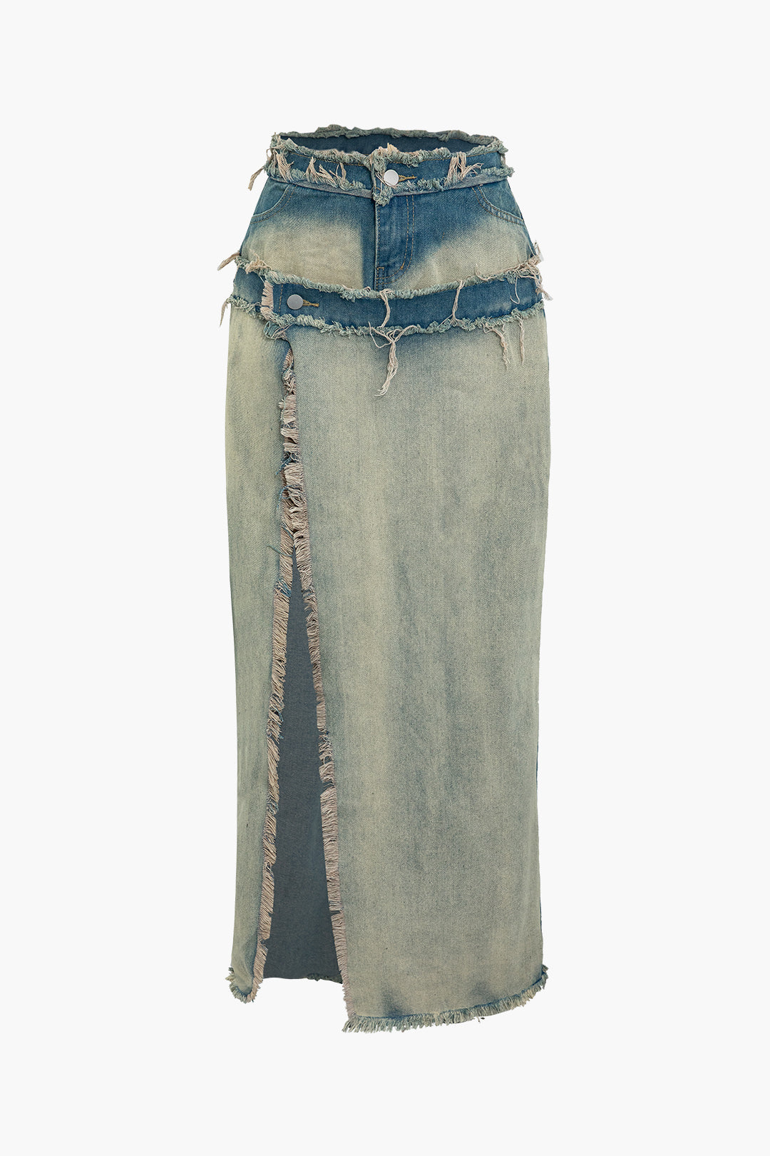 Distressed Frayed Split Denim Maxi Skirt - Y2K Aesthetic Grunge Style Essential