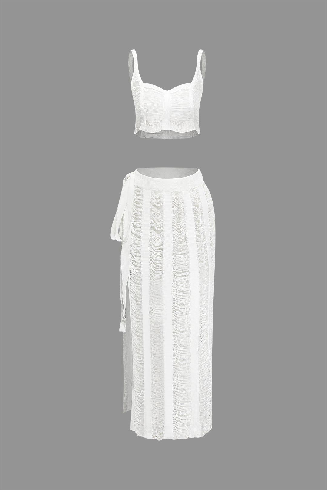 Distressed Knit Cami Top with Laddered Design & Split Maxi Skirt Set for Y2K Aesthetic