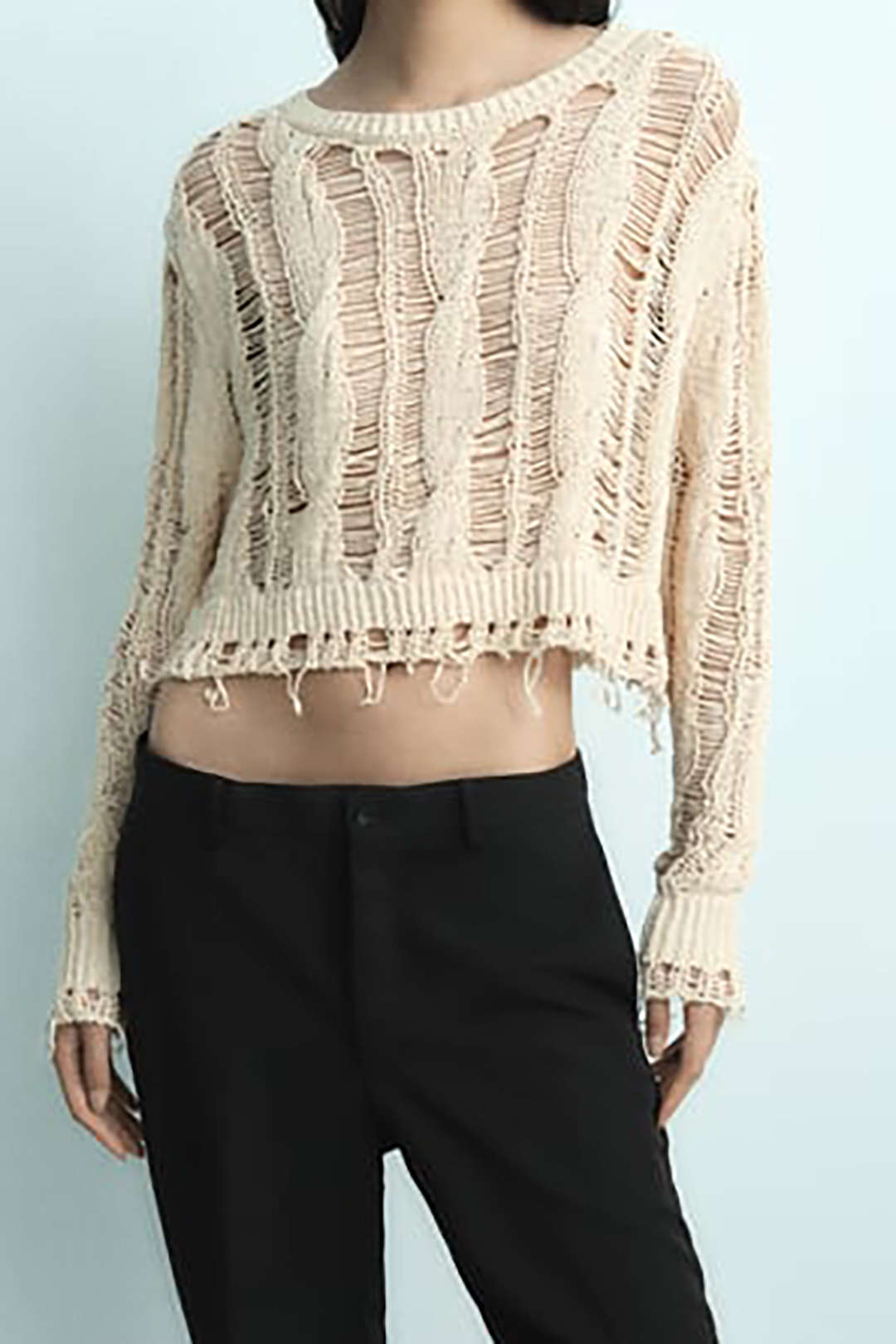 Distressed Laddered Knit Long Sleeve Crop Top for Y2K Fashion and Coquette Aesthetic