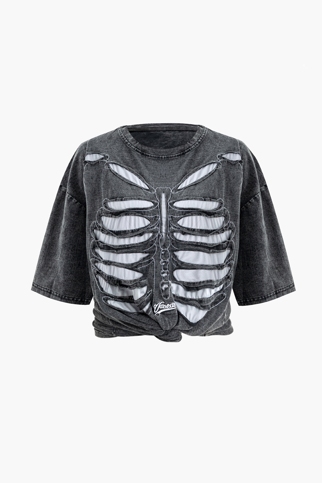 Distressed Skeleton Design Round Neck Tee - Y2K Grunge Aesthetic Top for Trendy Outfits