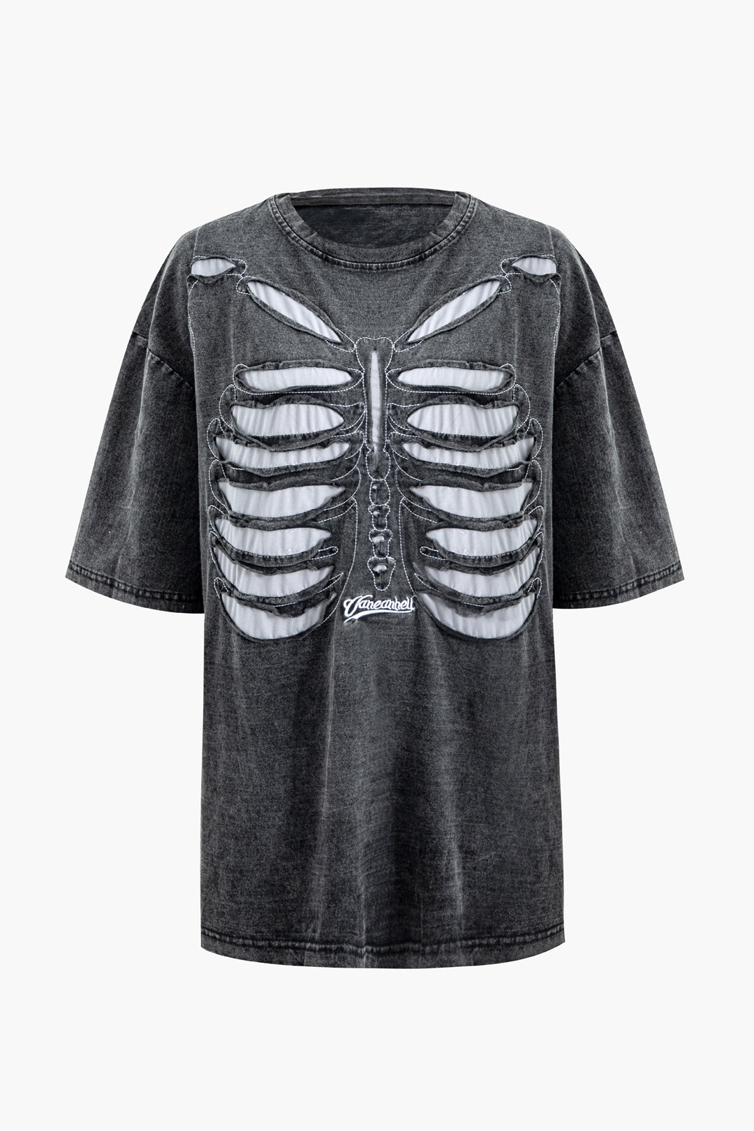 Distressed Skeleton Design Round Neck Tee - Y2K Grunge Aesthetic Top for Trendy Outfits