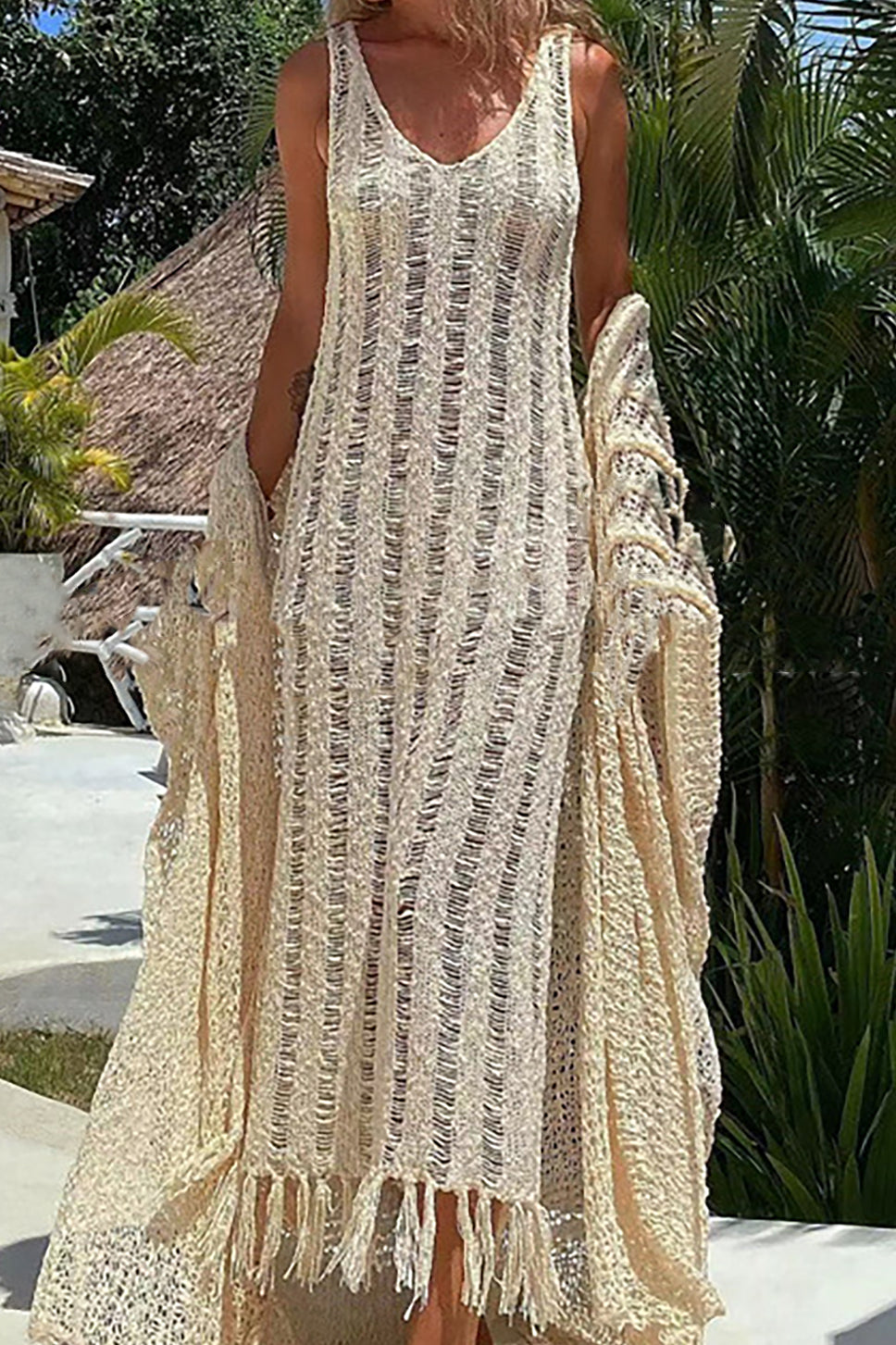 Distressed V-Neck Sleeveless Knit Maxi Dress with Ladder Fringe Hem for Y2K Aesthetic