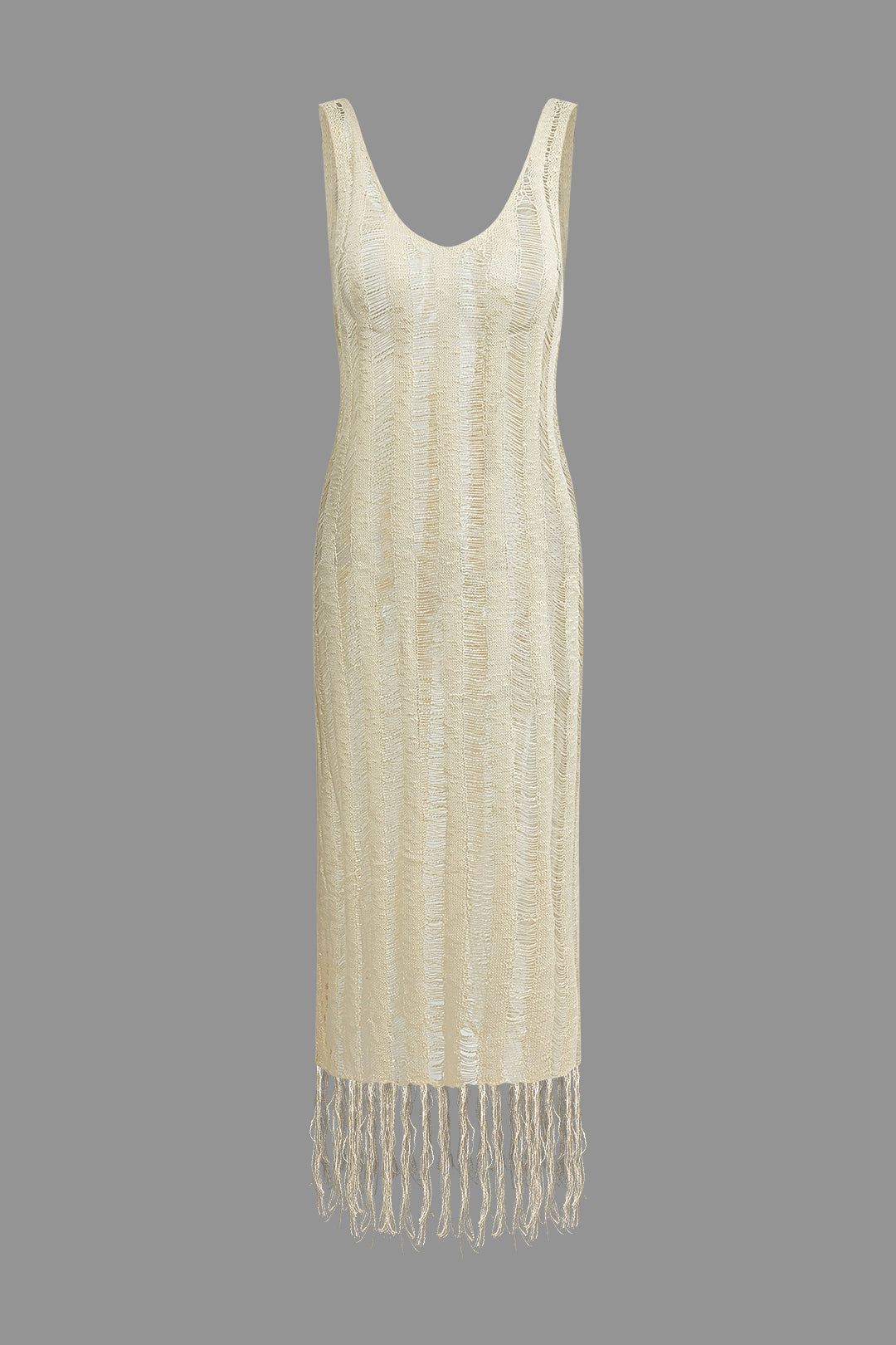 Distressed V-Neck Sleeveless Knit Maxi Dress with Ladder Fringe Hem for Y2K Aesthetic