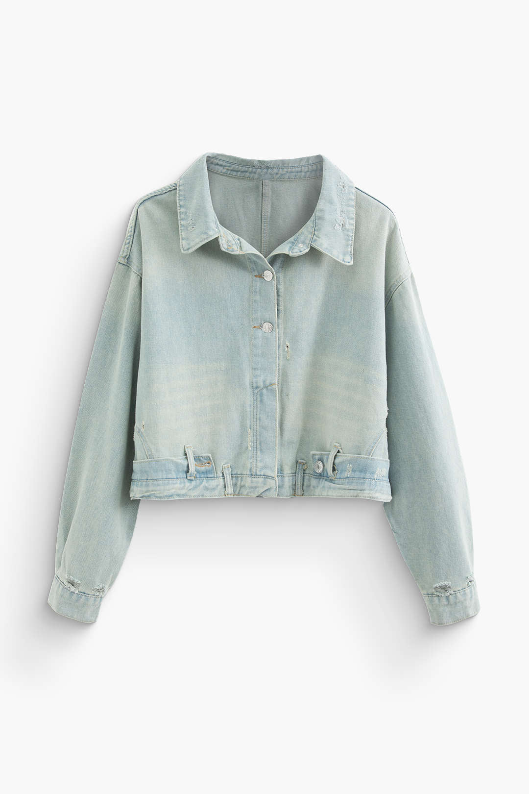 Distressed Y2K Denim Jacket with Button-Up Lapel for Trendy Aesthetic Outfits