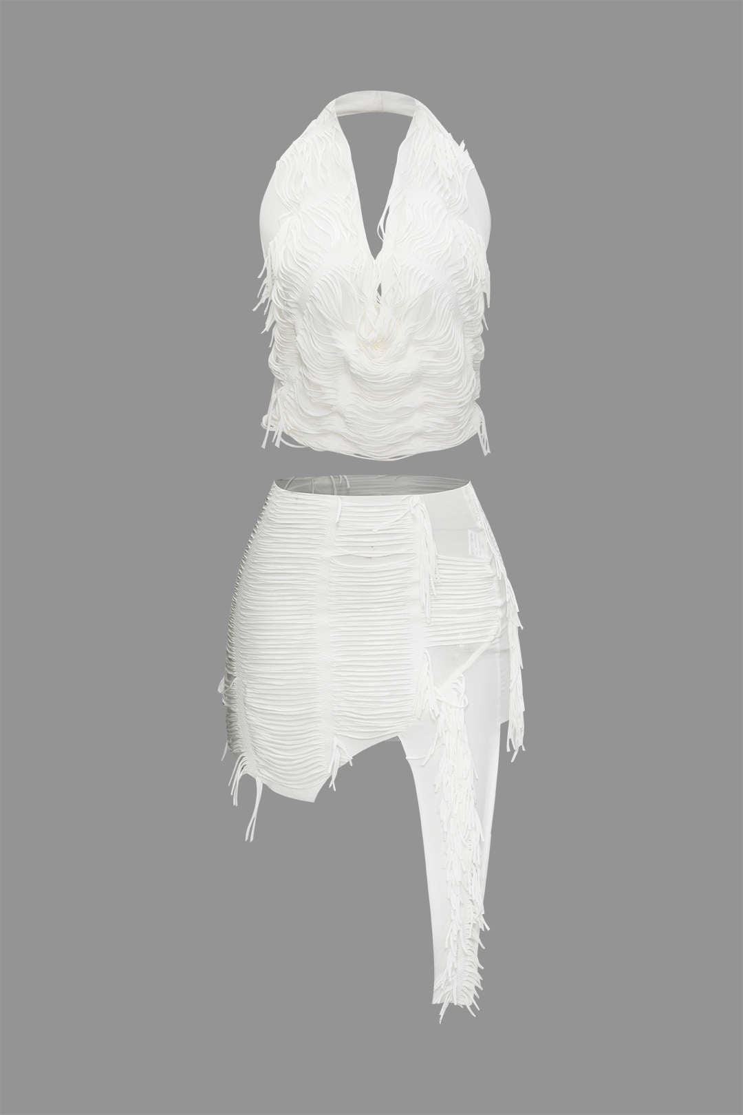 Distressed Y2K Halter Cami Top & Asymmetrical Mini Skirt Set for Trendy Aesthetic Outfits