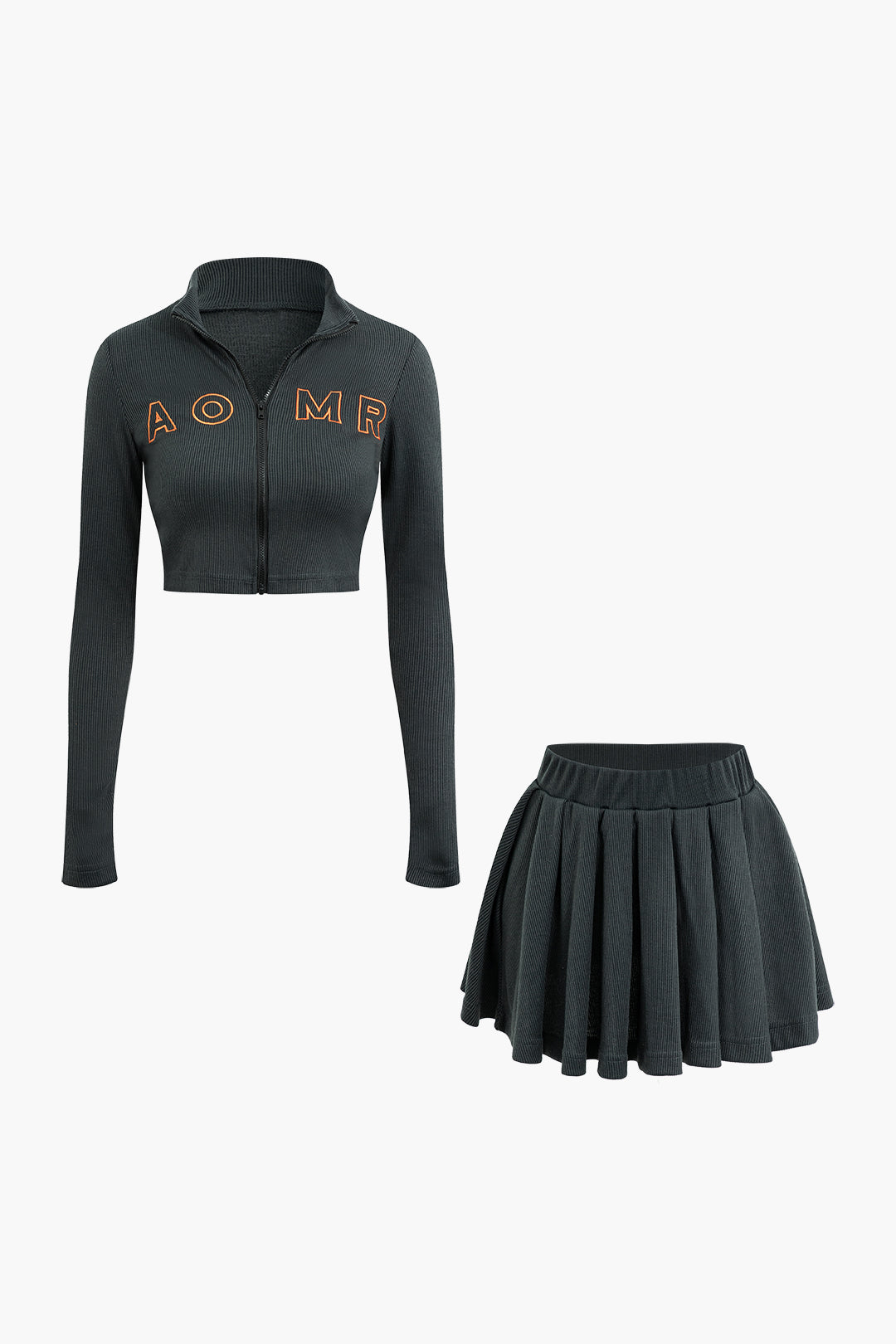 Embroidered Rib Knit Zipper Crop Cardigan & Pleated Mini Skirt Set for Y2K Aesthetic Style