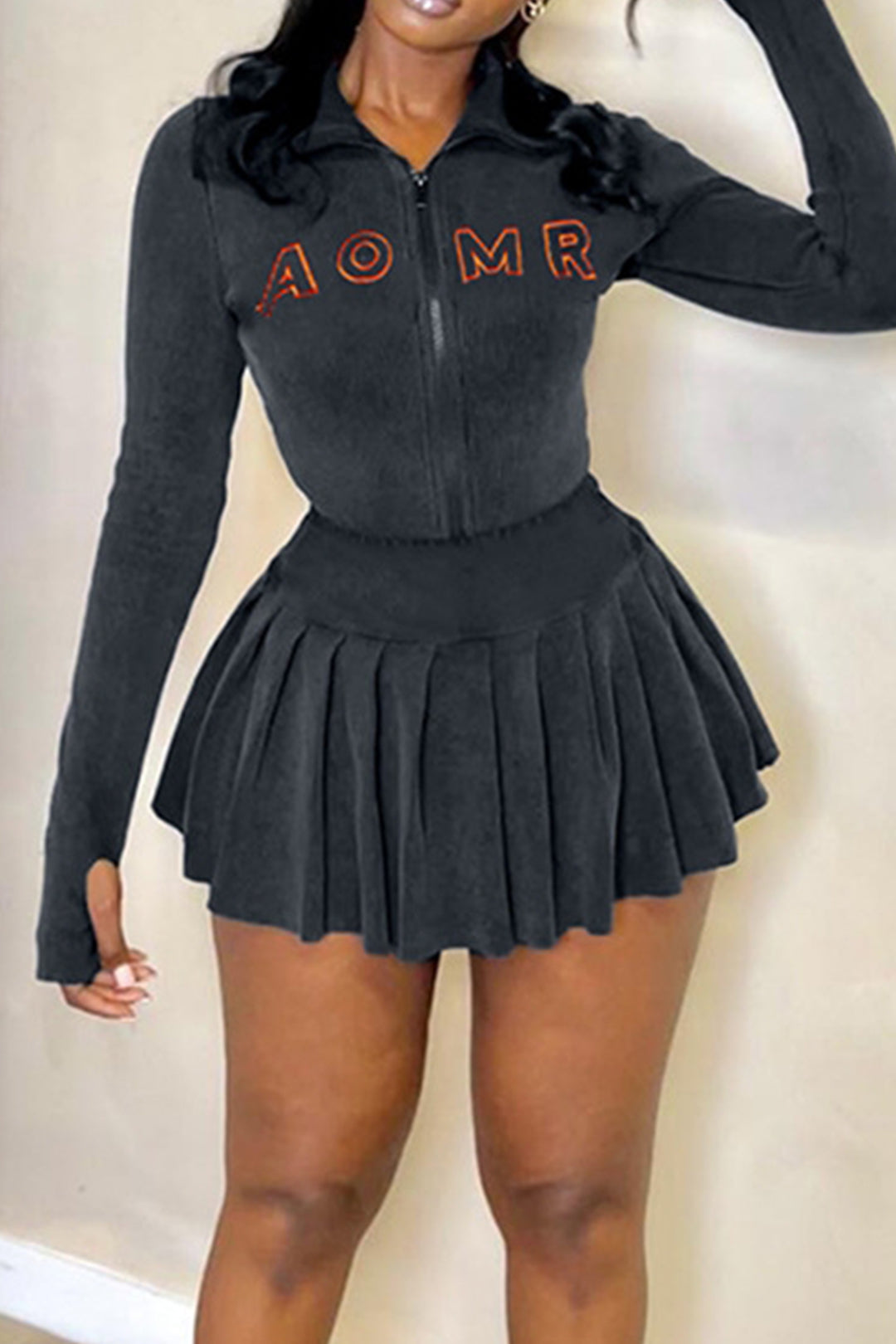 Embroidered Rib Knit Zipper Crop Cardigan & Pleated Mini Skirt Set for Y2K Aesthetic Style