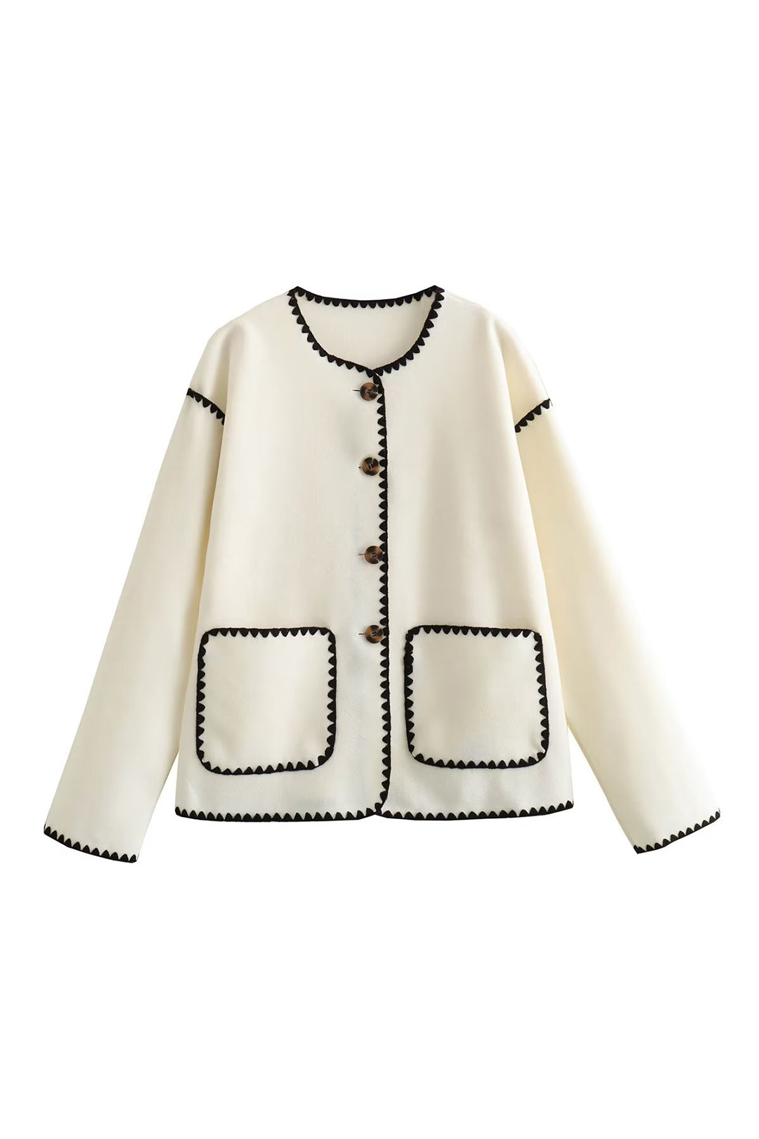 Embroidered Trim Button-Up Coat with Patch Pockets for Y2K and Coquette Aesthetic