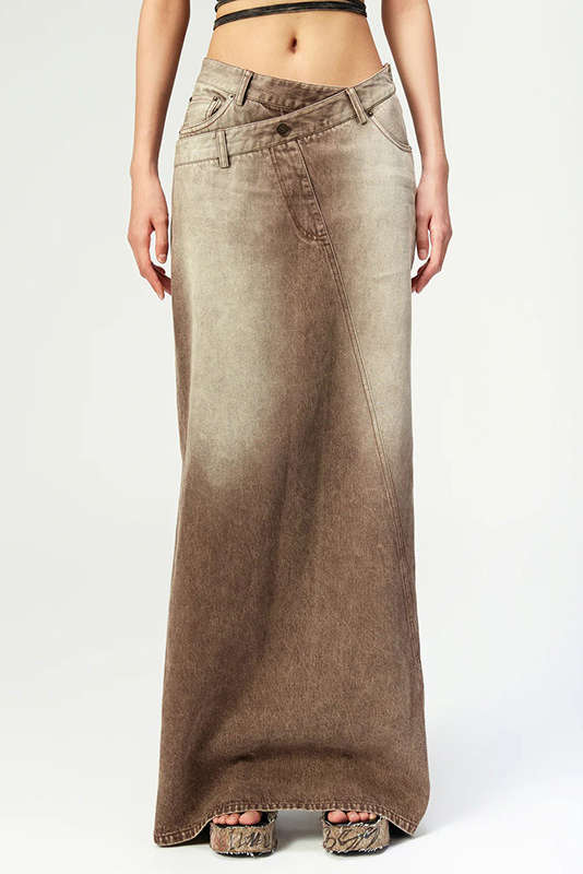 Faded Asymmetric Waist Denim Split Maxi Skirt for Y2K Aesthetic and Grunge Style Outfits