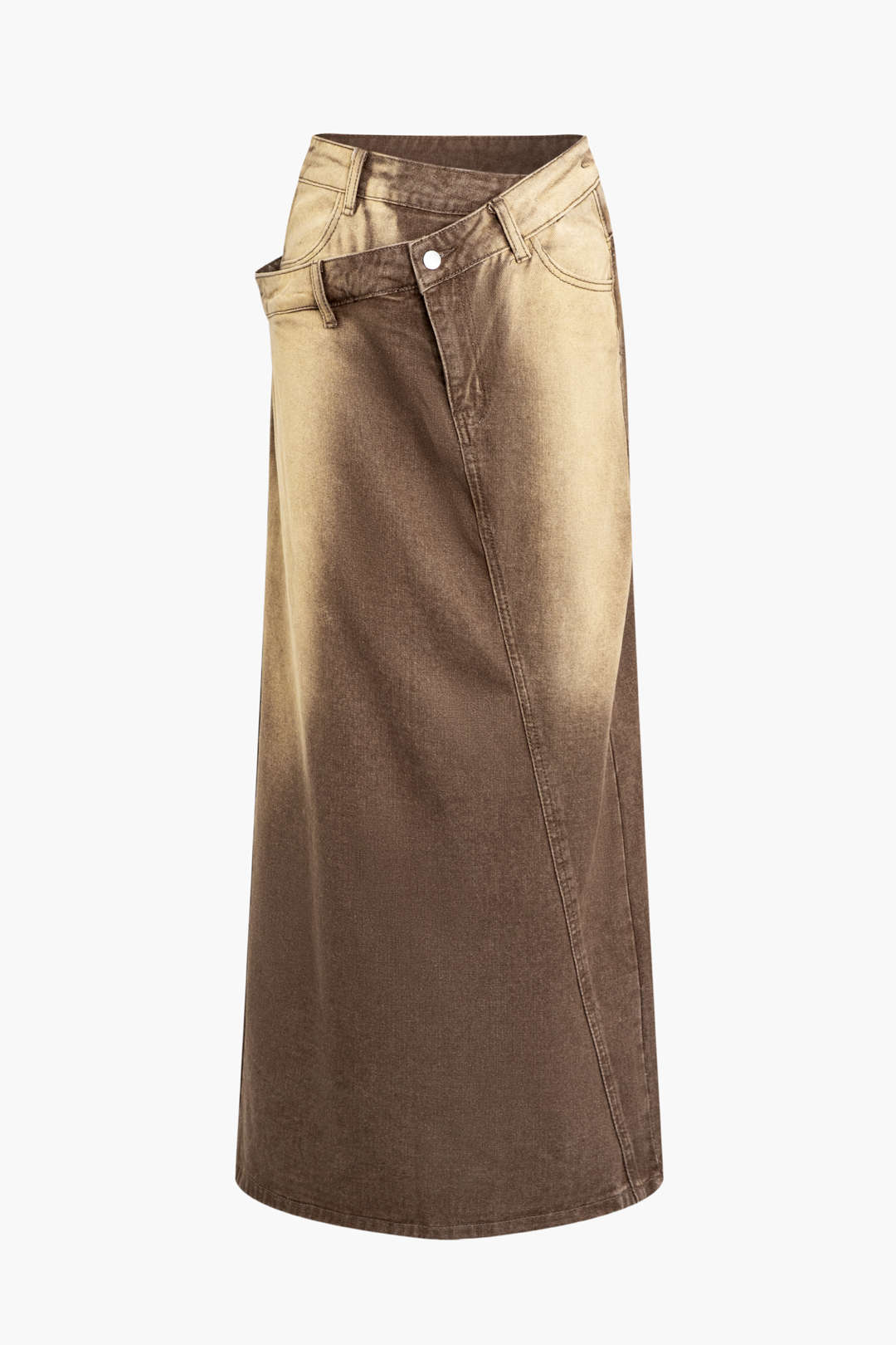 Faded Asymmetric Waist Denim Split Maxi Skirt for Y2K Aesthetic and Grunge Style Outfits