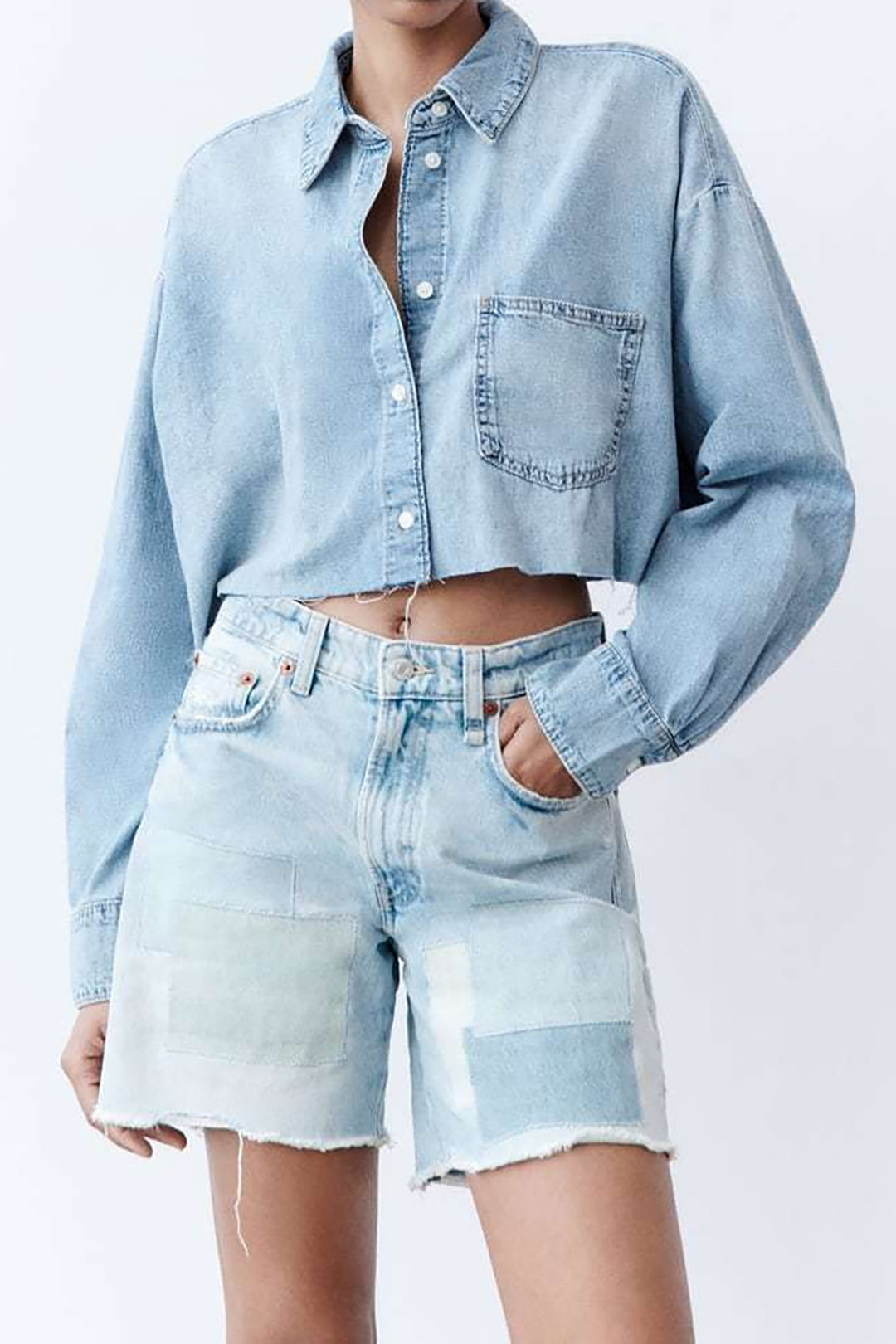 Faded Denim Raw Hem Crop Shirt - Y2K Aesthetic Button-Up for Trendy Outfits