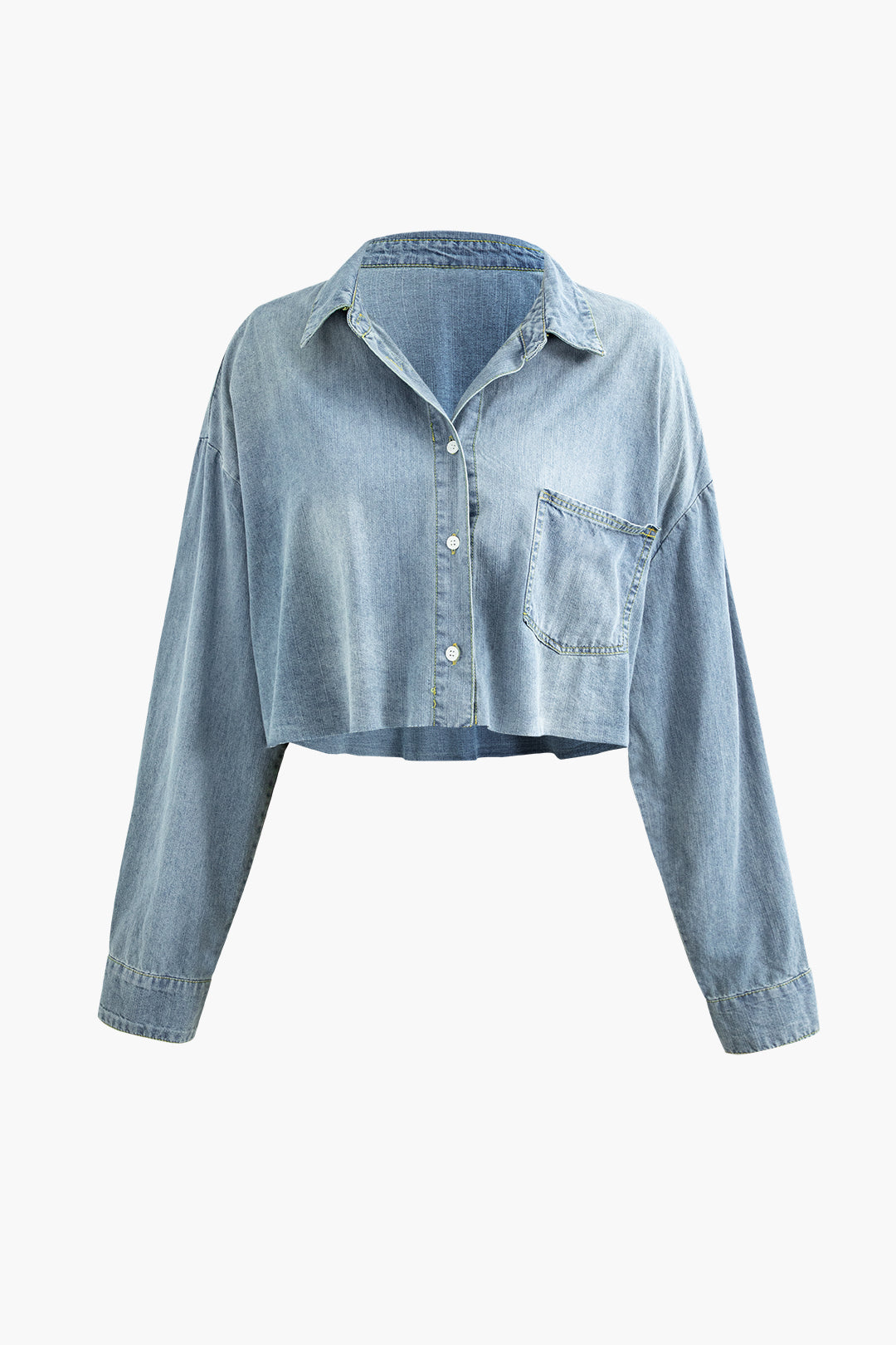 Faded Denim Raw Hem Crop Shirt - Y2K Aesthetic Button-Up for Trendy Outfits