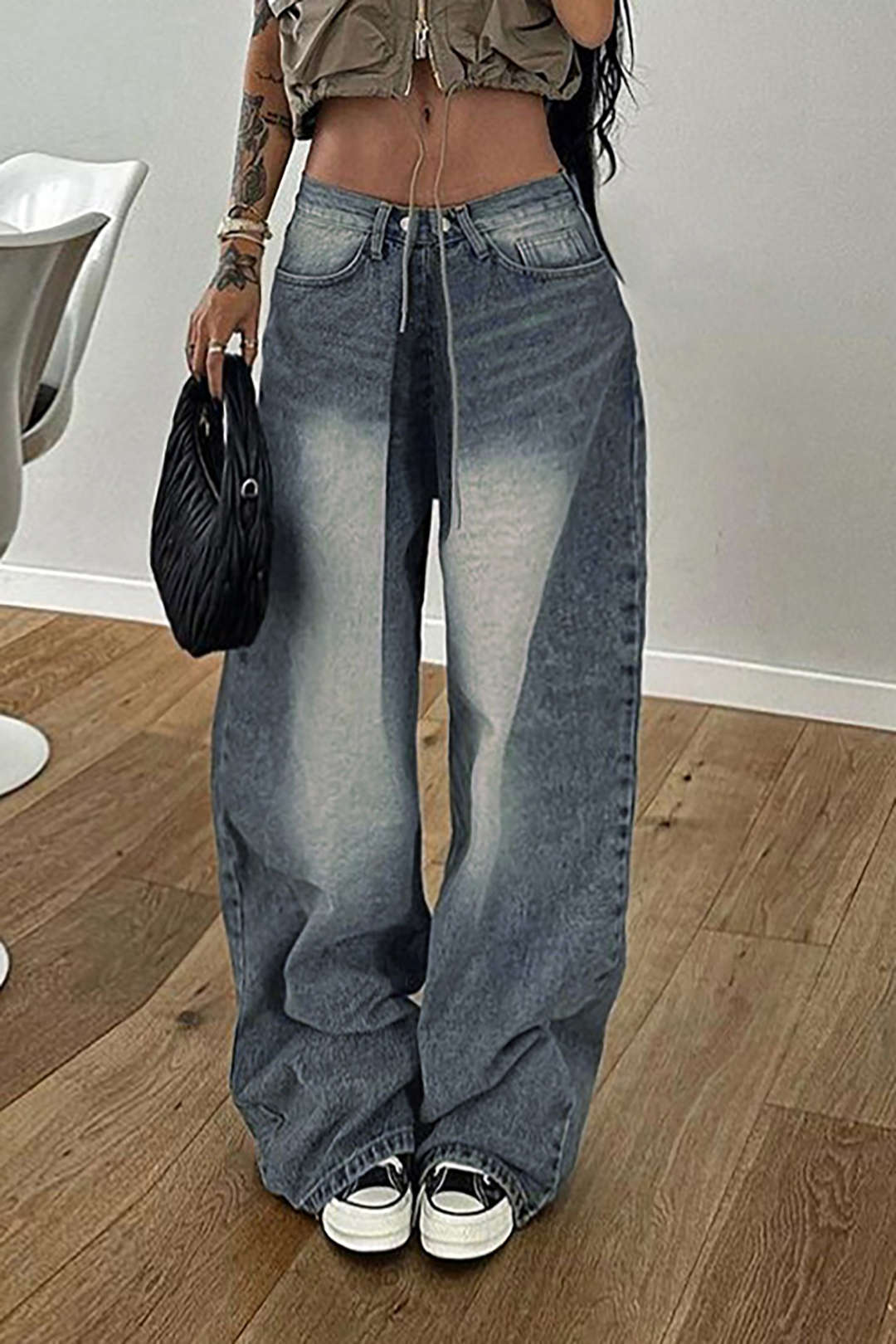 Faded Pleated Wide Leg Jeans - Y2K Aesthetic Denim for Trendy Outfits and Casual Style