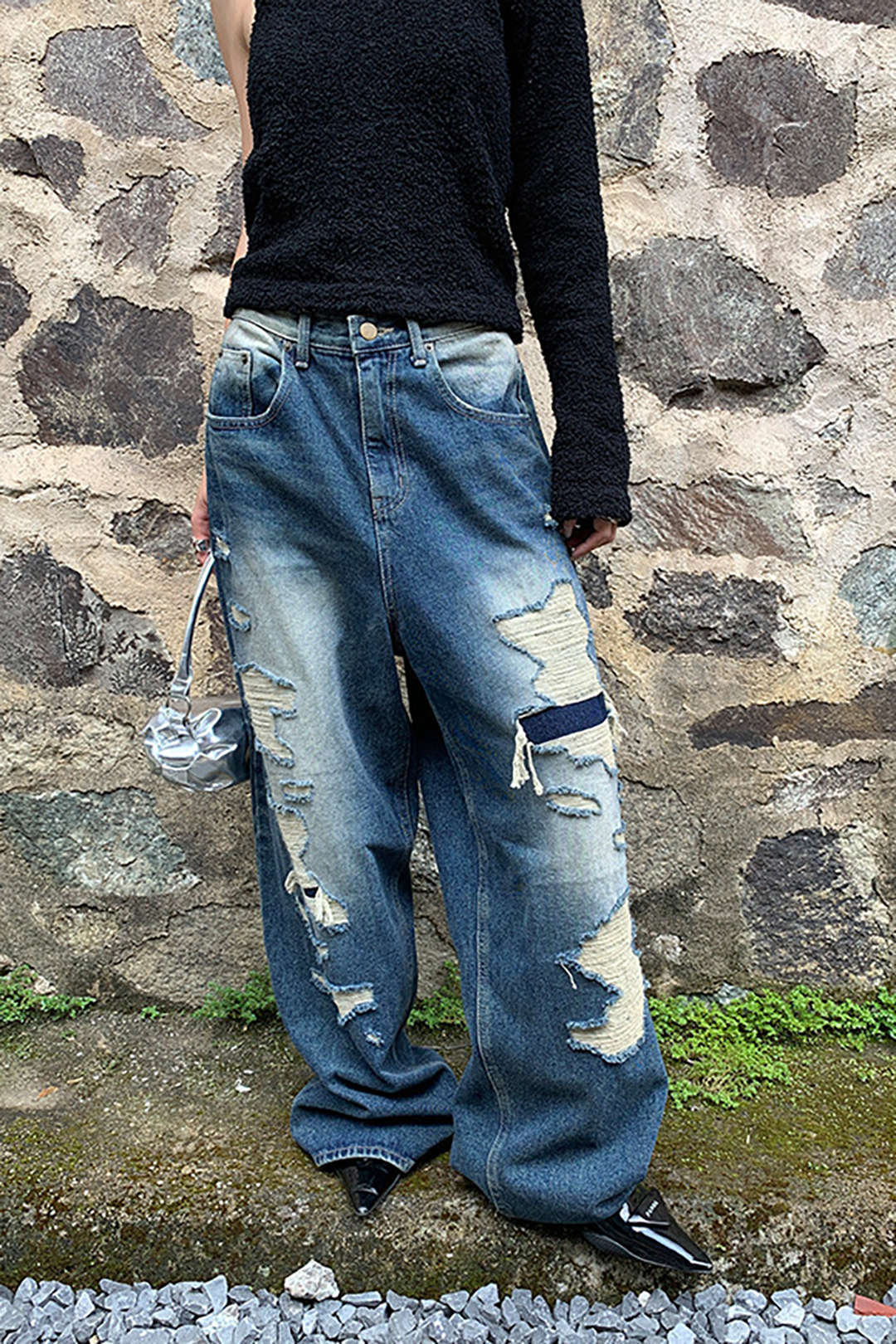 Faded Ripped Wide Leg Jeans - Y2K Grunge Style for Aesthetic Outfits and Casual Looks