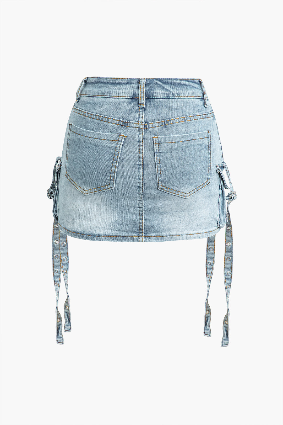 Faded Y2K Aesthetic Tie Flap Pocket Denim Mini Skirt for Trendy Outfits