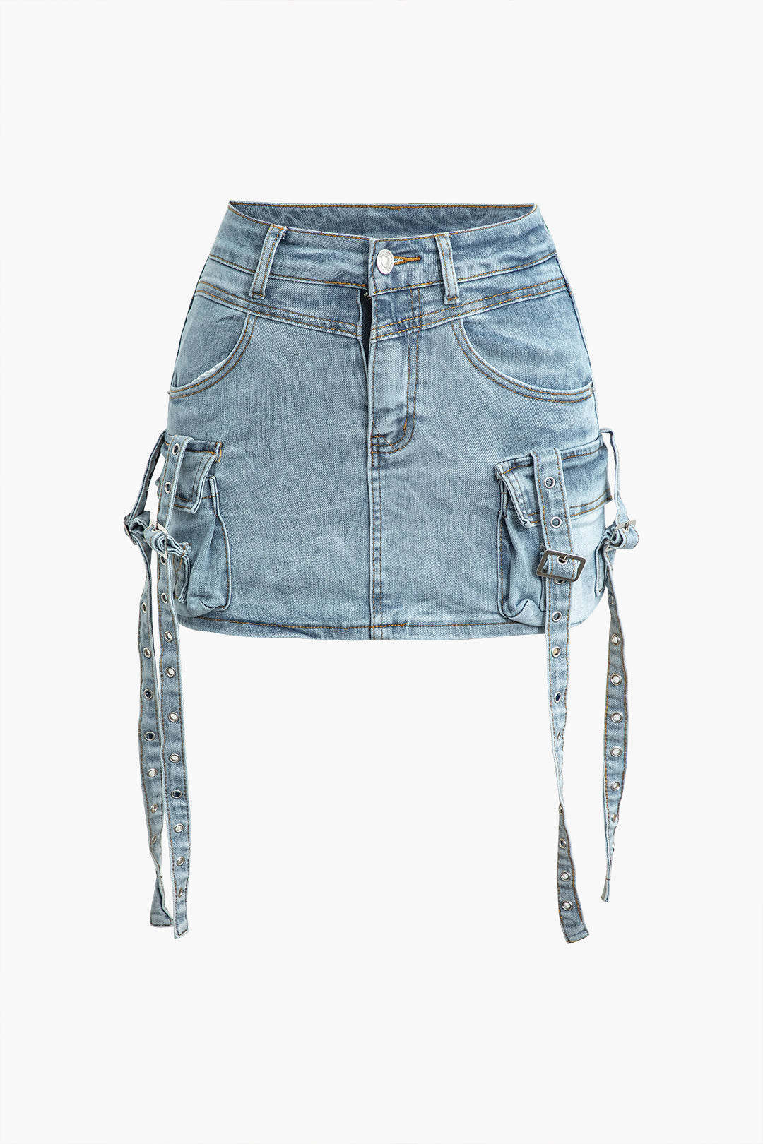 Faded Y2K Aesthetic Tie Flap Pocket Denim Mini Skirt for Trendy Outfits