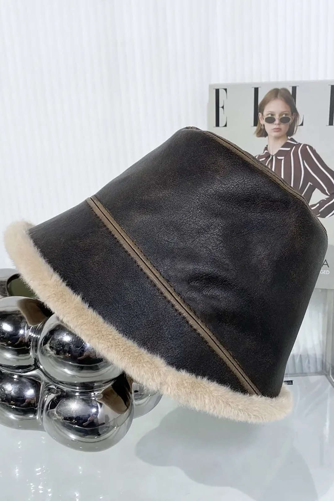 Faux Fur Hem Y2K Aesthetic Faux Leather Bucket Hat for Trendy Coquette Style