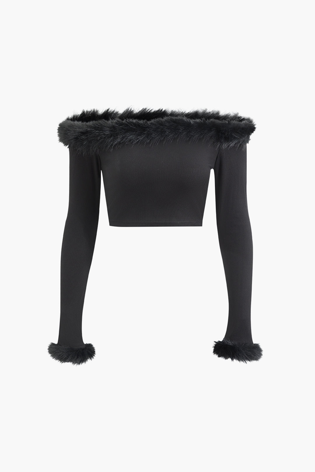 Faux Fur Off Shoulder Long Sleeve Crop Top for Y2K Fashion and Coquette Aesthetic