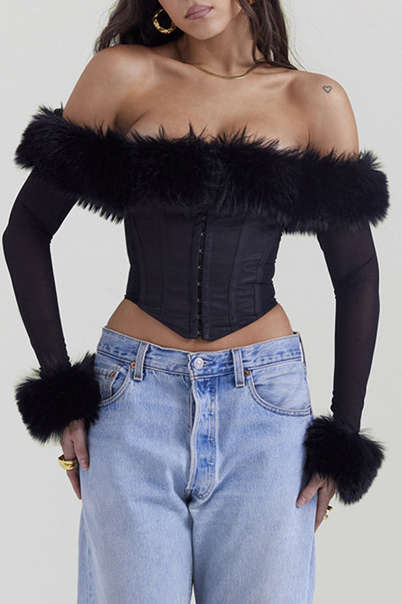 Faux Fur Trim Off Shoulder Corset Crop Top - Y2K Fashion Statement for Aesthetic Outfits