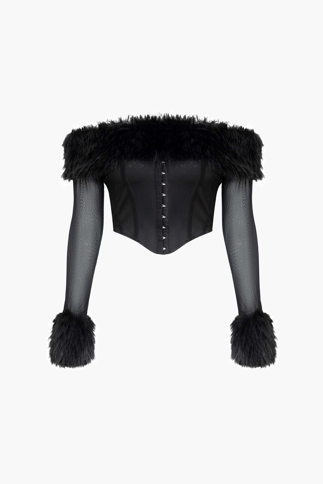 Faux Fur Trim Off Shoulder Corset Crop Top - Y2K Fashion Statement for Aesthetic Outfits