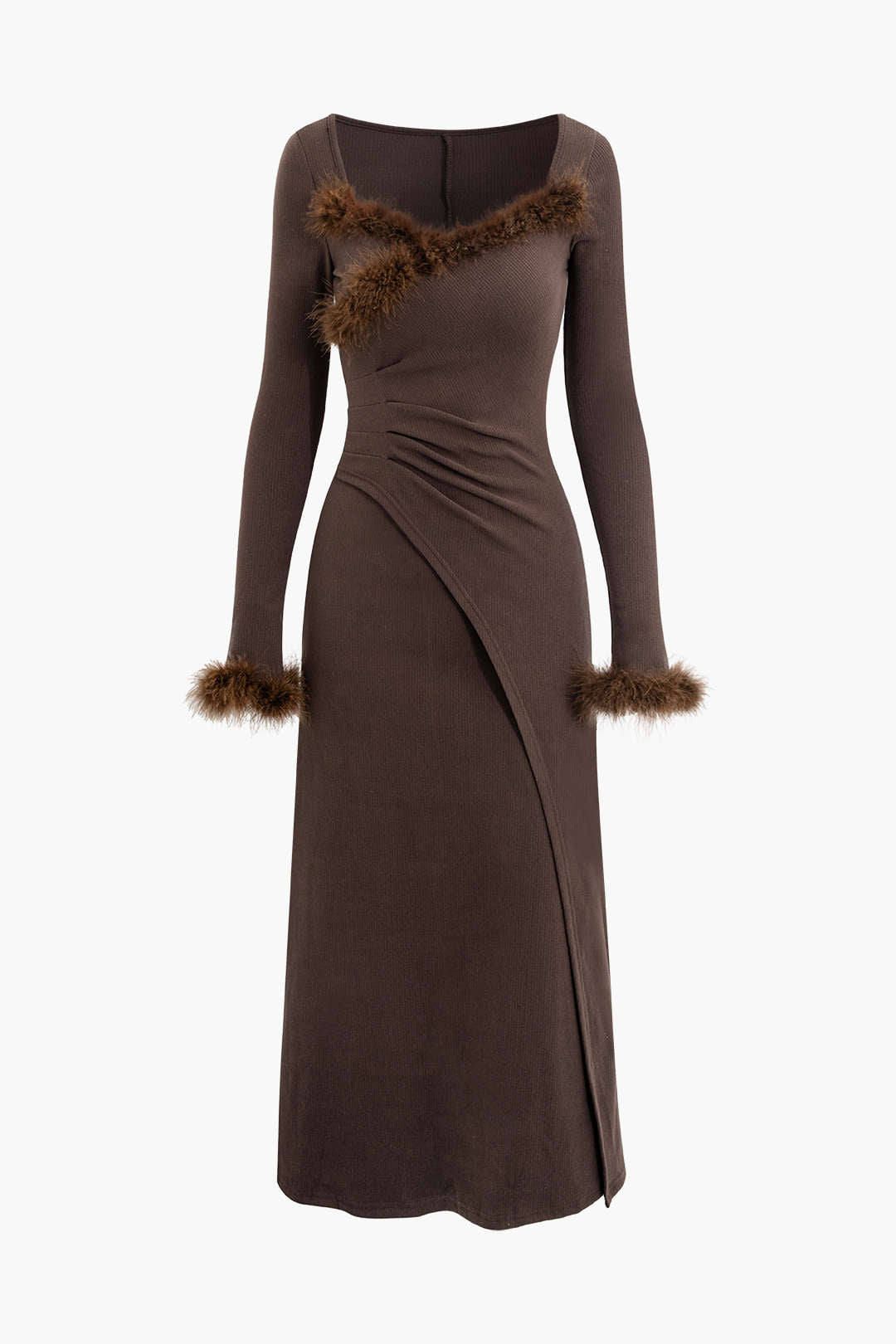 Faux Fur Trim Ruched Pleated Midi Dress - Y2K Fashion Statement for Chic Aesthetic Outfits