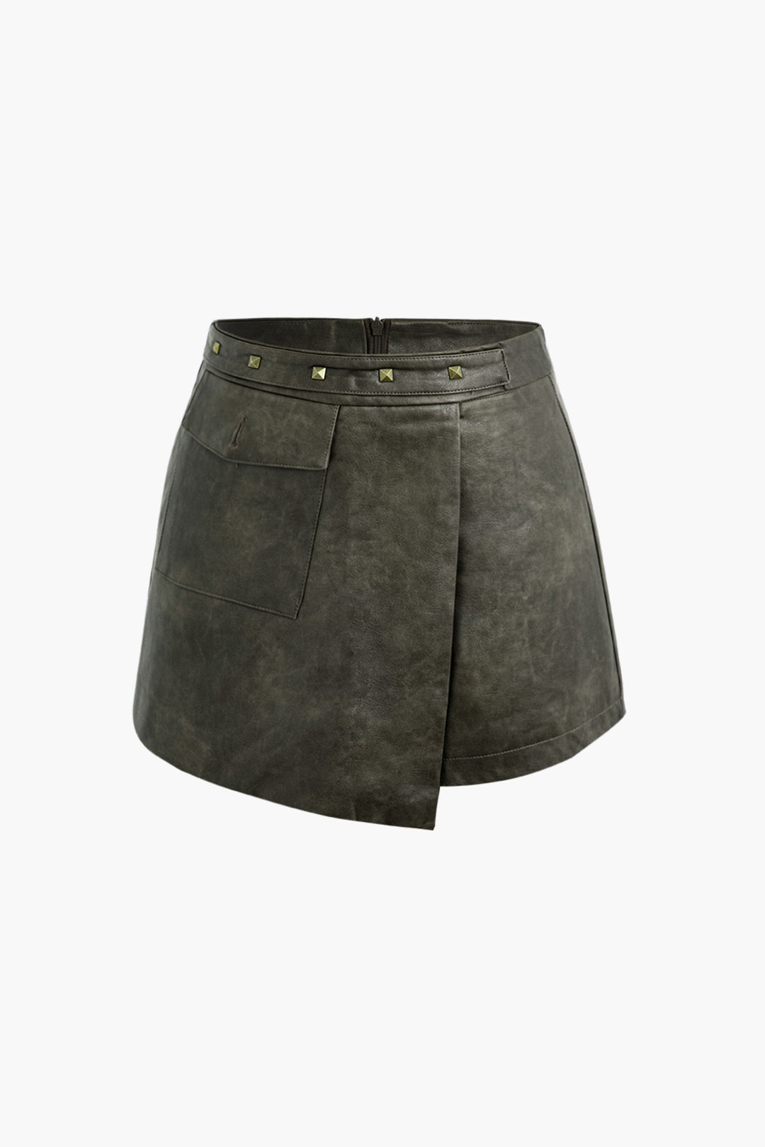 Faux Leather Asymmetric Mini Skirt with Flap Pockets and Rivet Details for Y2K Aesthetic