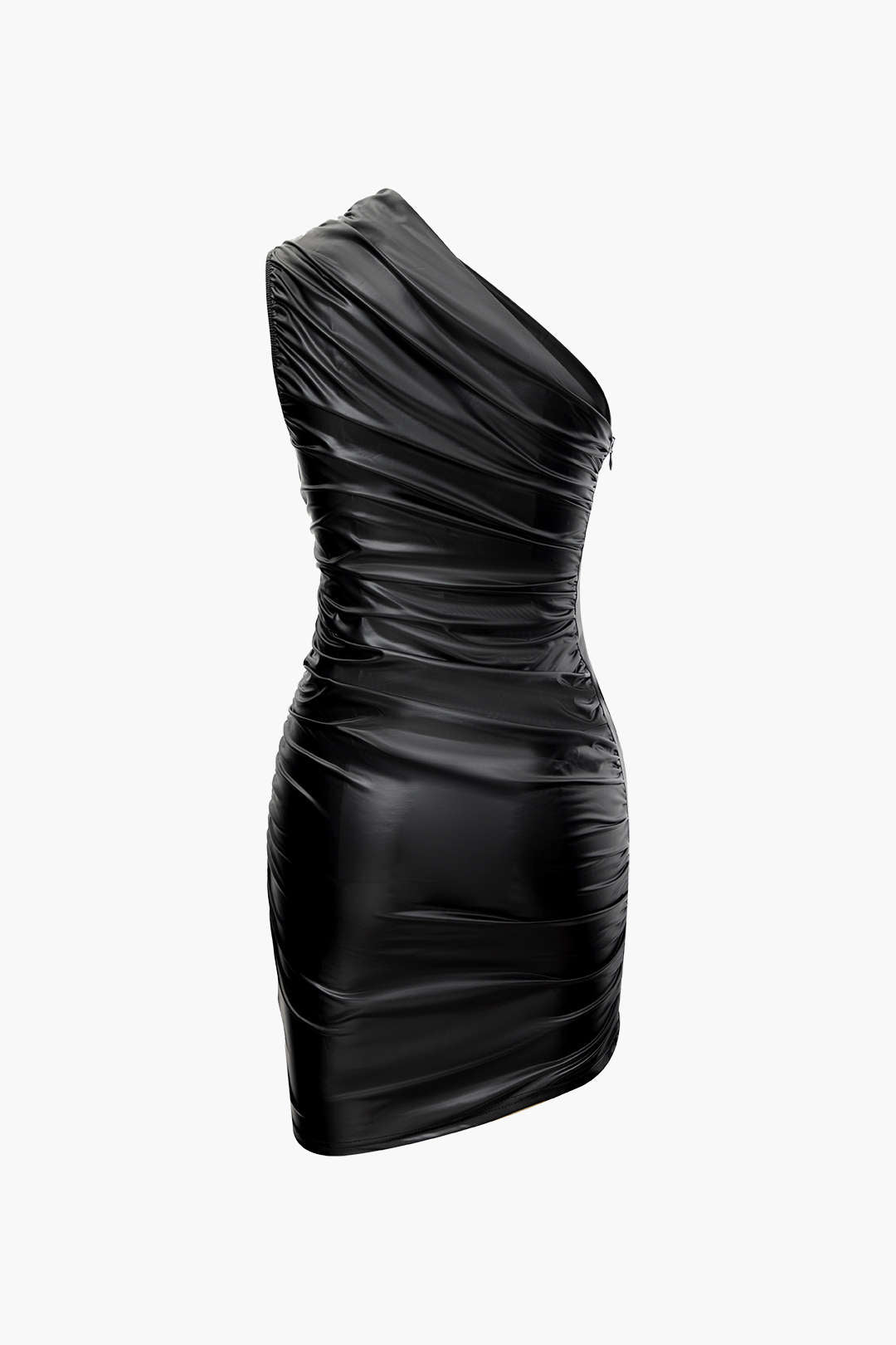 Faux Leather Asymmetric Ruched Mini Dress for Y2K Aesthetic and Grunge Style Fashion